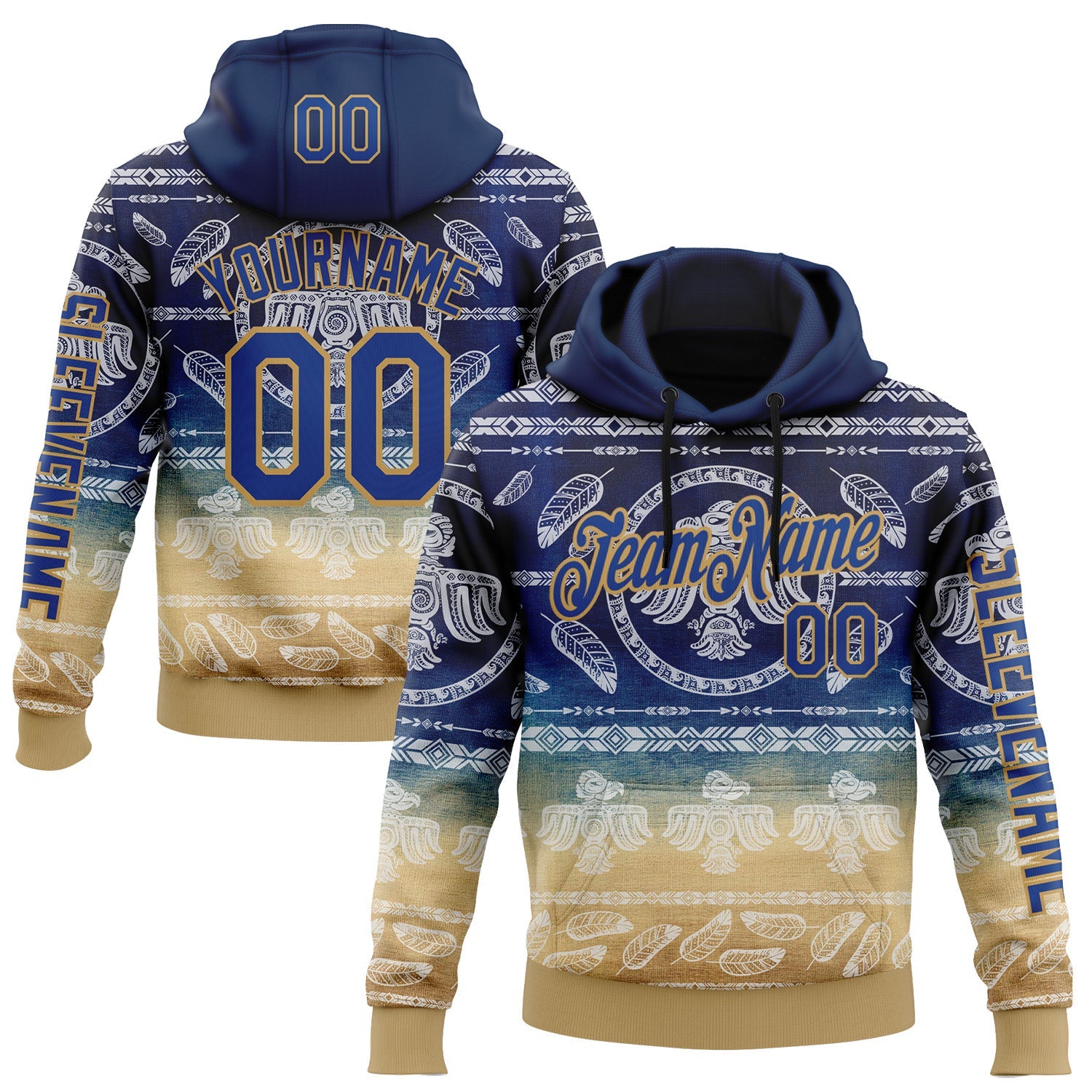 Custom Blue Royal-Old Gold 3D Pattern Design Ethnic Tribal Sportswear Pullover Sweatshirt Hoodie - Main View