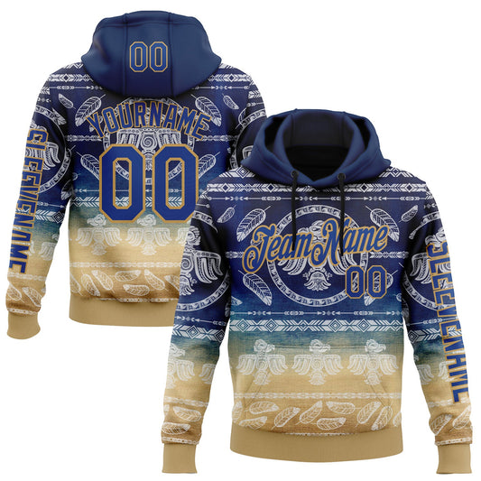 Custom Blue Royal-Old Gold 3D Pattern Design Ethnic Tribal Sportswear Pullover Sweatshirt Hoodie - Main View