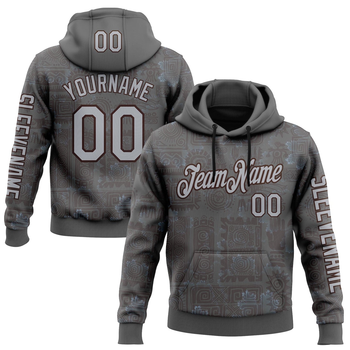 Custom Gray Brown 3D Pattern Design Ethnic Tribal Sportswear Pullover Sweatshirt Hoodie - Main View