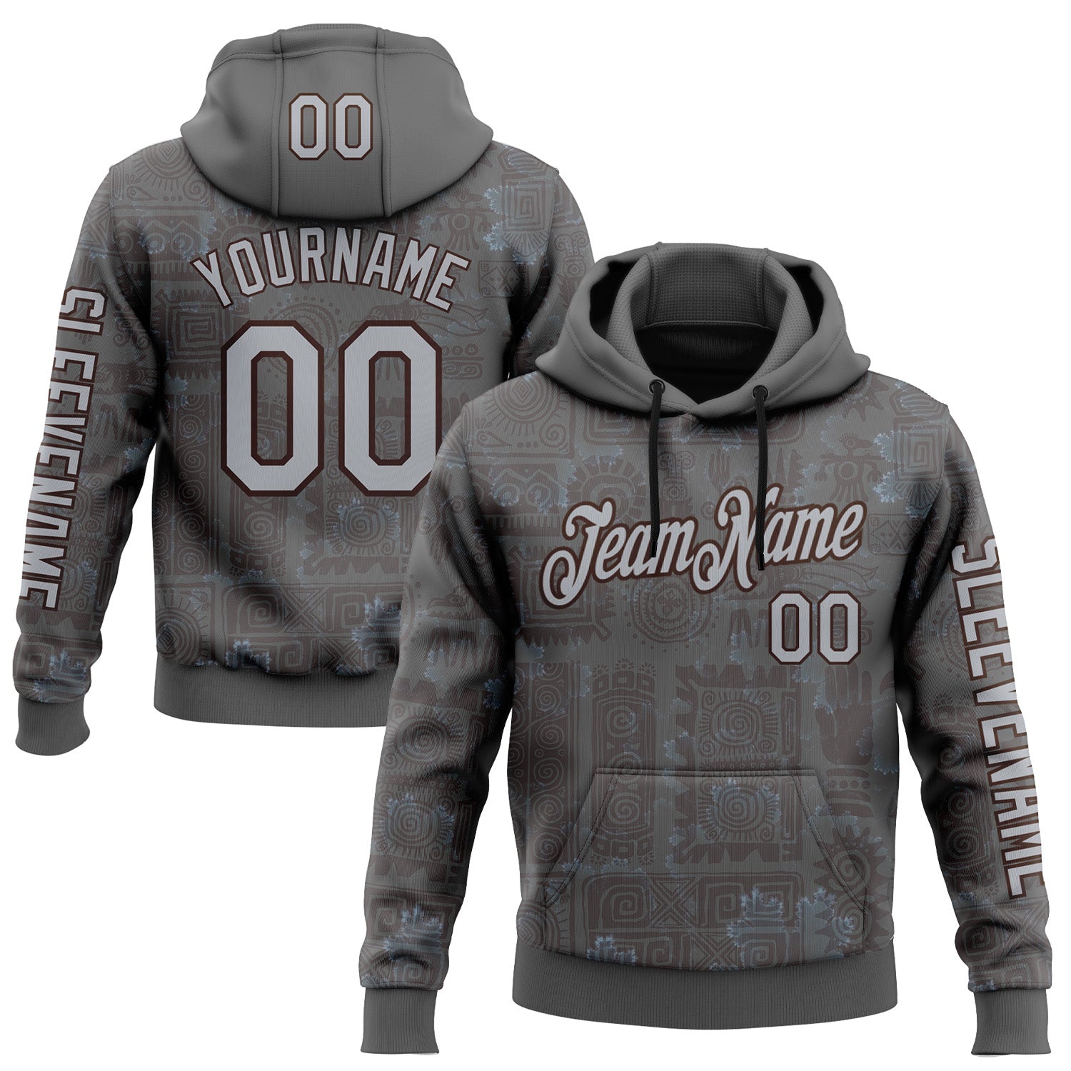 Custom Gray Brown 3D Pattern Design Ethnic Tribal Sportswear Pullover Sweatshirt Hoodie - Main View