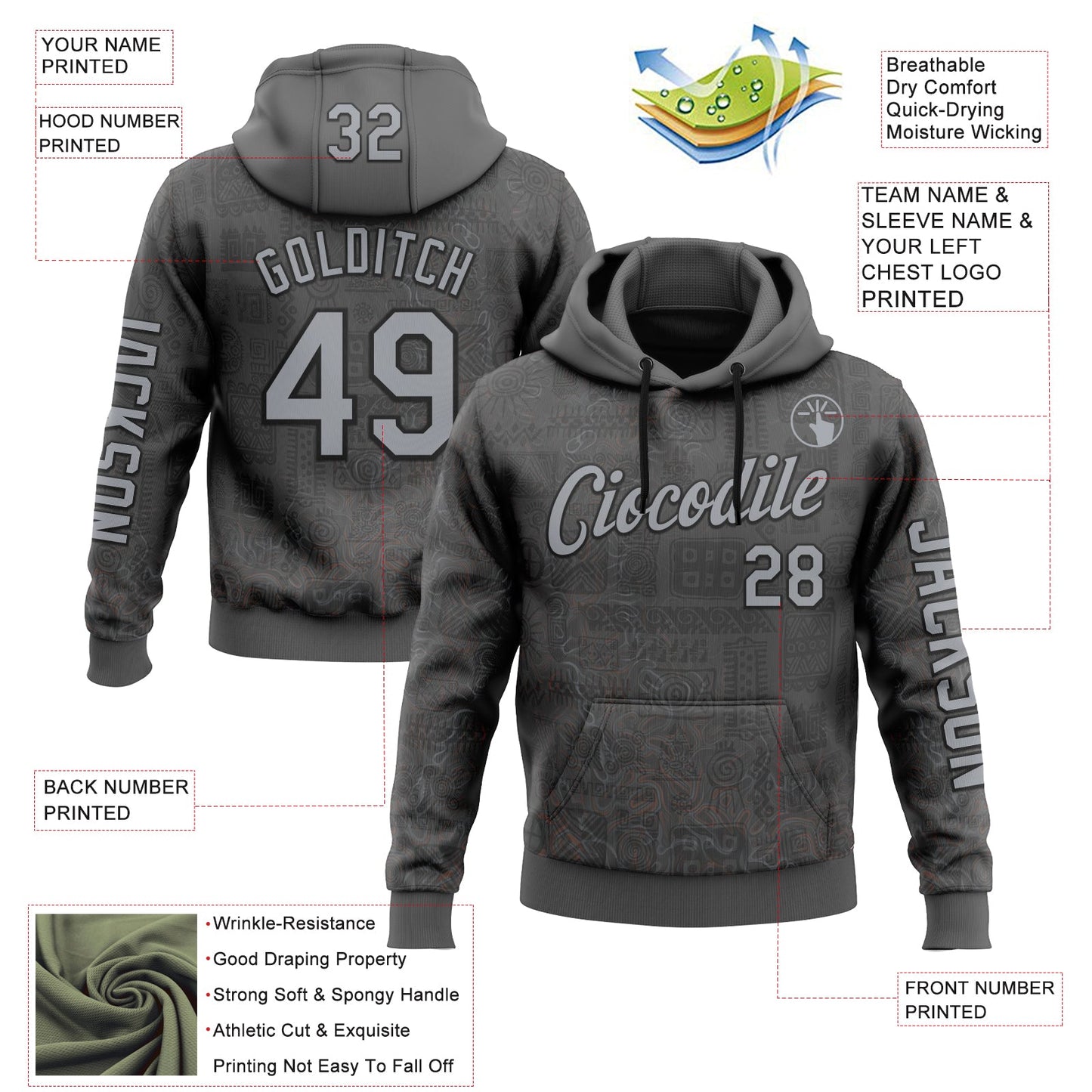 Custom Gray Black 3D Pattern Design Ethnic Tribal Sportswear Pullover Sweatshirt Hoodie view 2