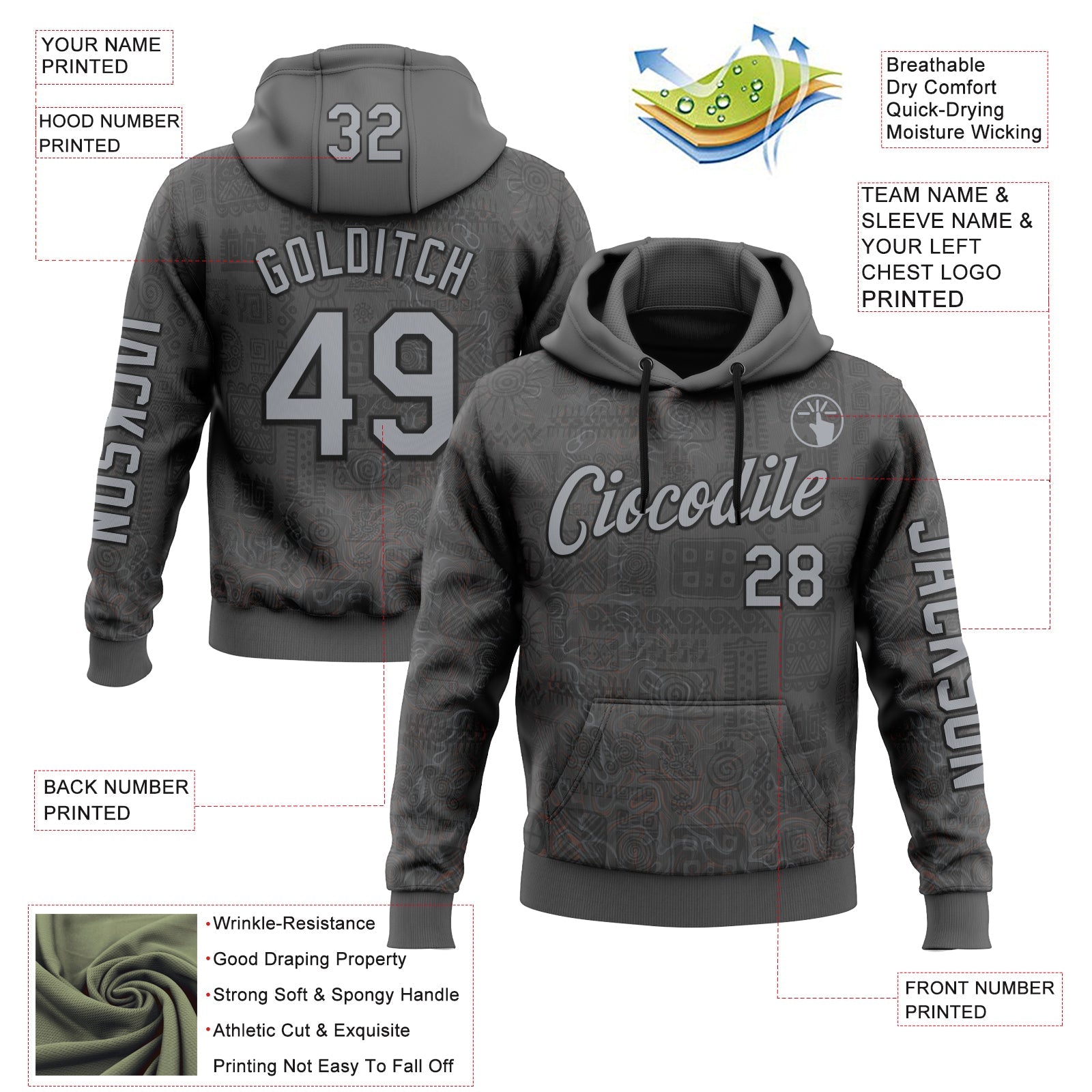 Custom Gray Black 3D Pattern Design Ethnic Tribal Sportswear Pullover Sweatshirt Hoodie view 2