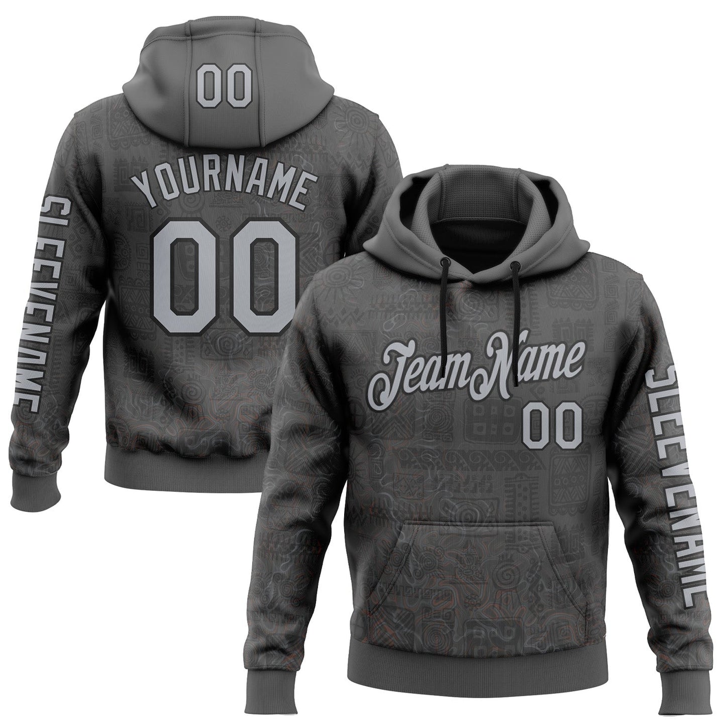 Custom Gray Black 3D Pattern Design Ethnic Tribal Sportswear Pullover Sweatshirt Hoodie - Main View