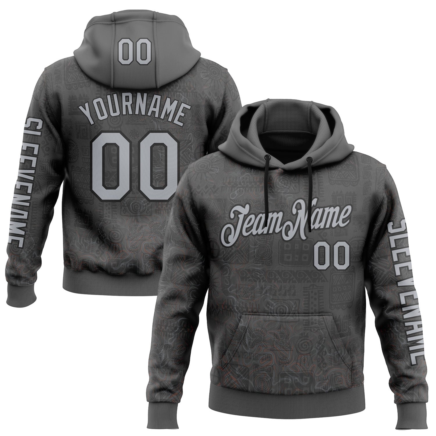 Custom Gray Black 3D Pattern Design Ethnic Tribal Sportswear Pullover Sweatshirt Hoodie - Main View