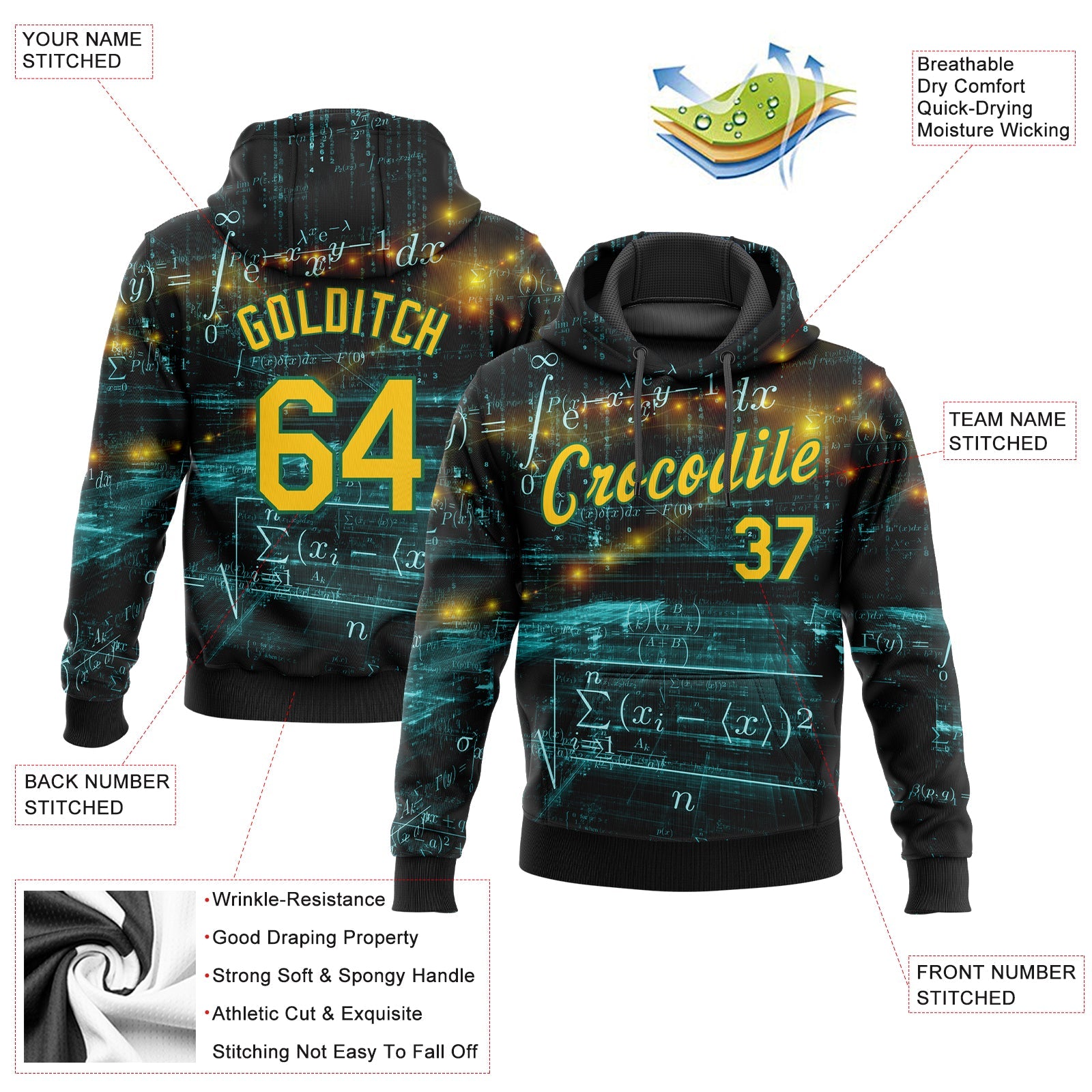 Custom Stitched Black Gold-Kelly Green 3D Pattern Design Math Sports Pullover Sweatshirt Hoodie view 2