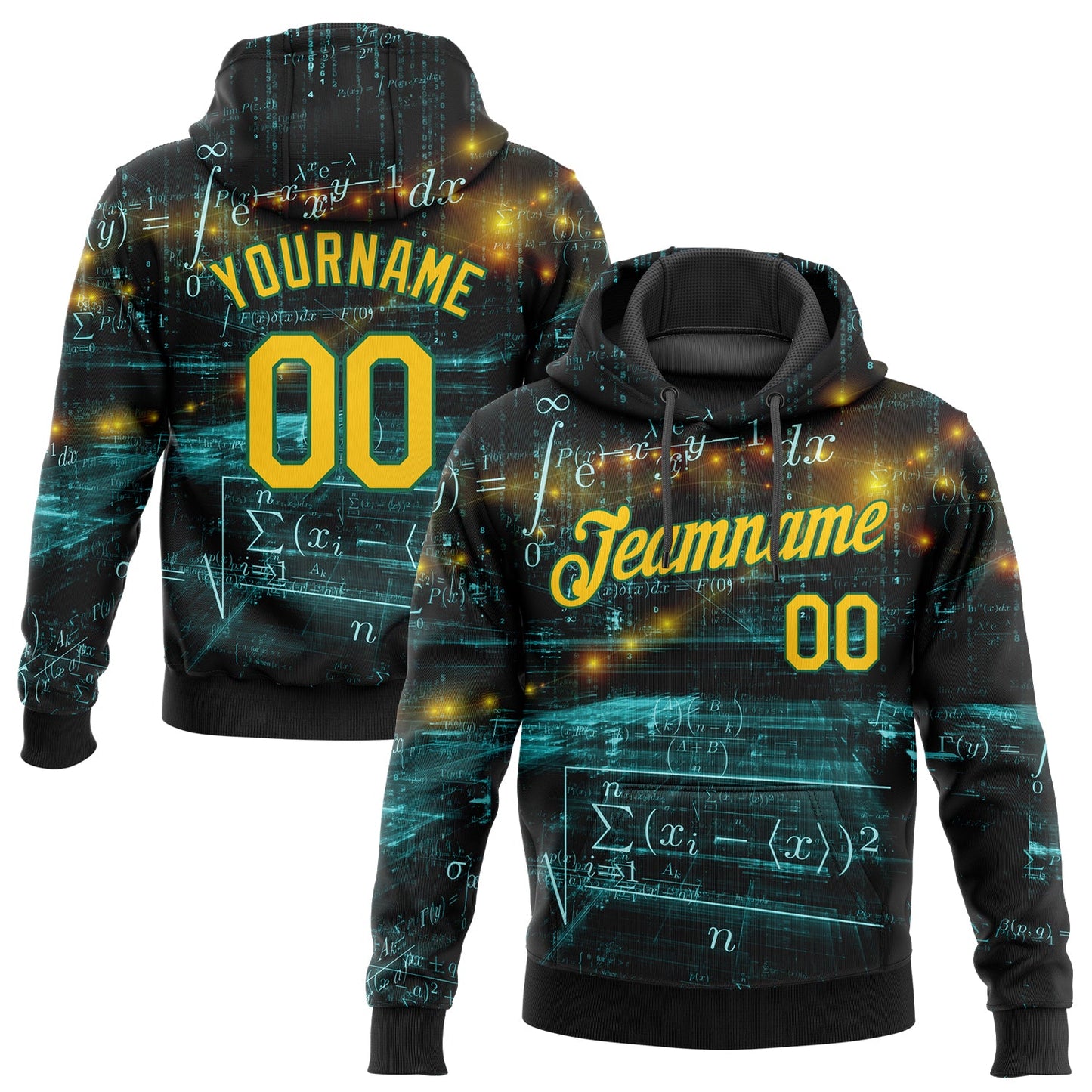 Custom Stitched Black Gold-Kelly Green 3D Pattern Design Math Sports Pullover Sweatshirt Hoodie - Main View