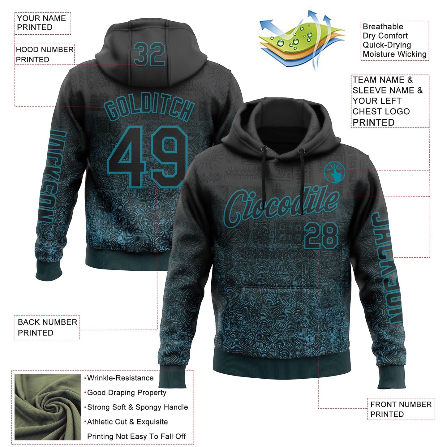 Custom Black Teal 3D Pattern Design Ethnic Tribal Sportswear Pullover Sweatshirt Hoodie view 2