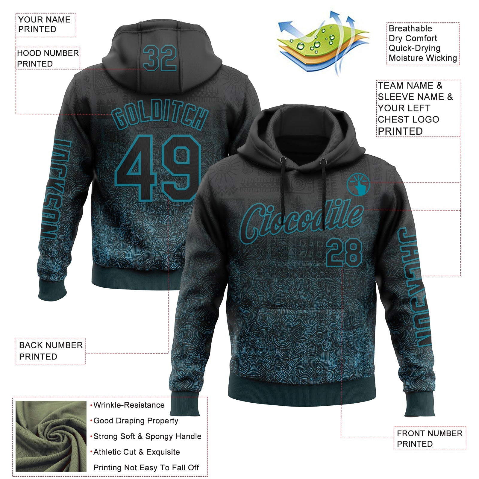 Custom Black Teal 3D Pattern Design Ethnic Tribal Sportswear Pullover Sweatshirt Hoodie view 2