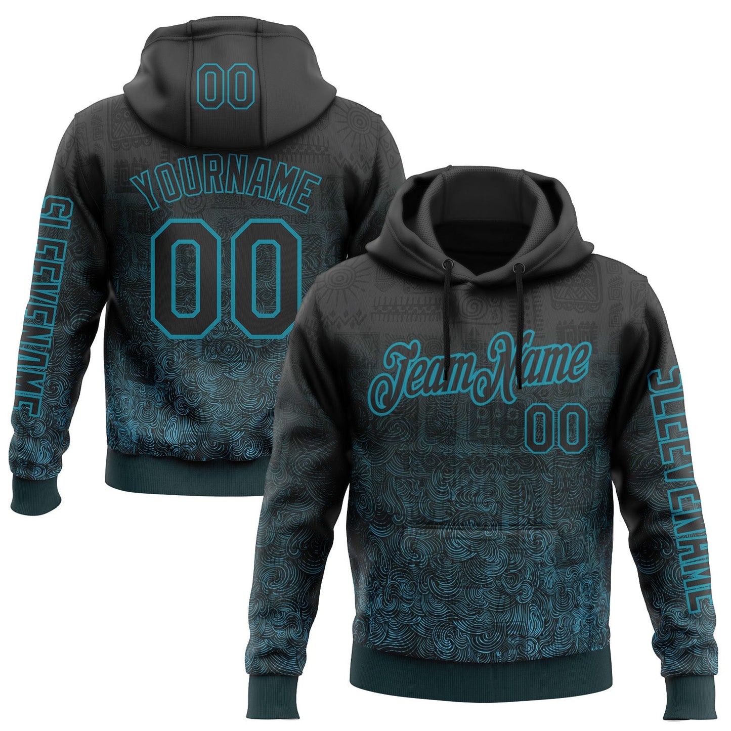 Custom Black Teal 3D Pattern Design Ethnic Tribal Sportswear Pullover Sweatshirt Hoodie - Main View