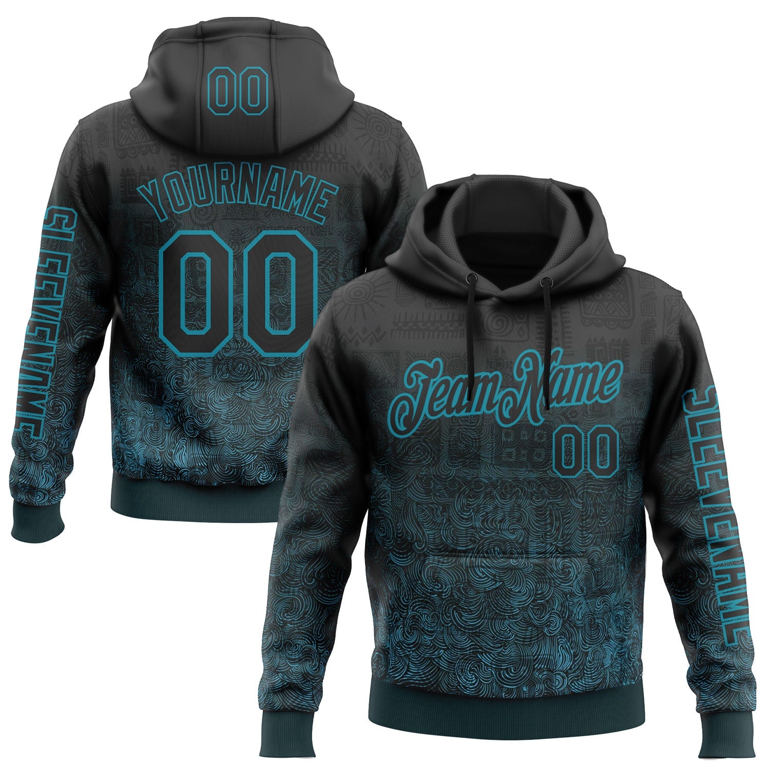 Custom Black Teal 3D Pattern Design Ethnic Tribal Sportswear Pullover Sweatshirt Hoodie - Main View
