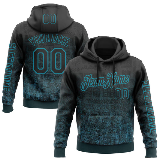 Custom Black Teal 3D Pattern Design Ethnic Tribal Sportswear Pullover Sweatshirt Hoodie - Main View