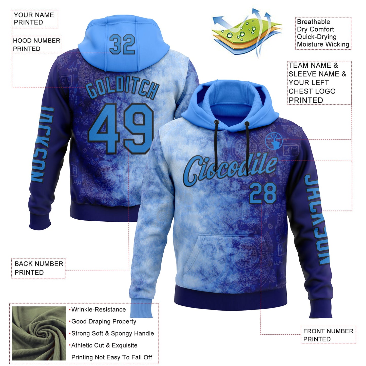 Custom Blue Powder Blue-Black 3D Pattern Design Gradient Ethnic Tribal Sportswear Pullover Sweatshirt Hoodie view 2