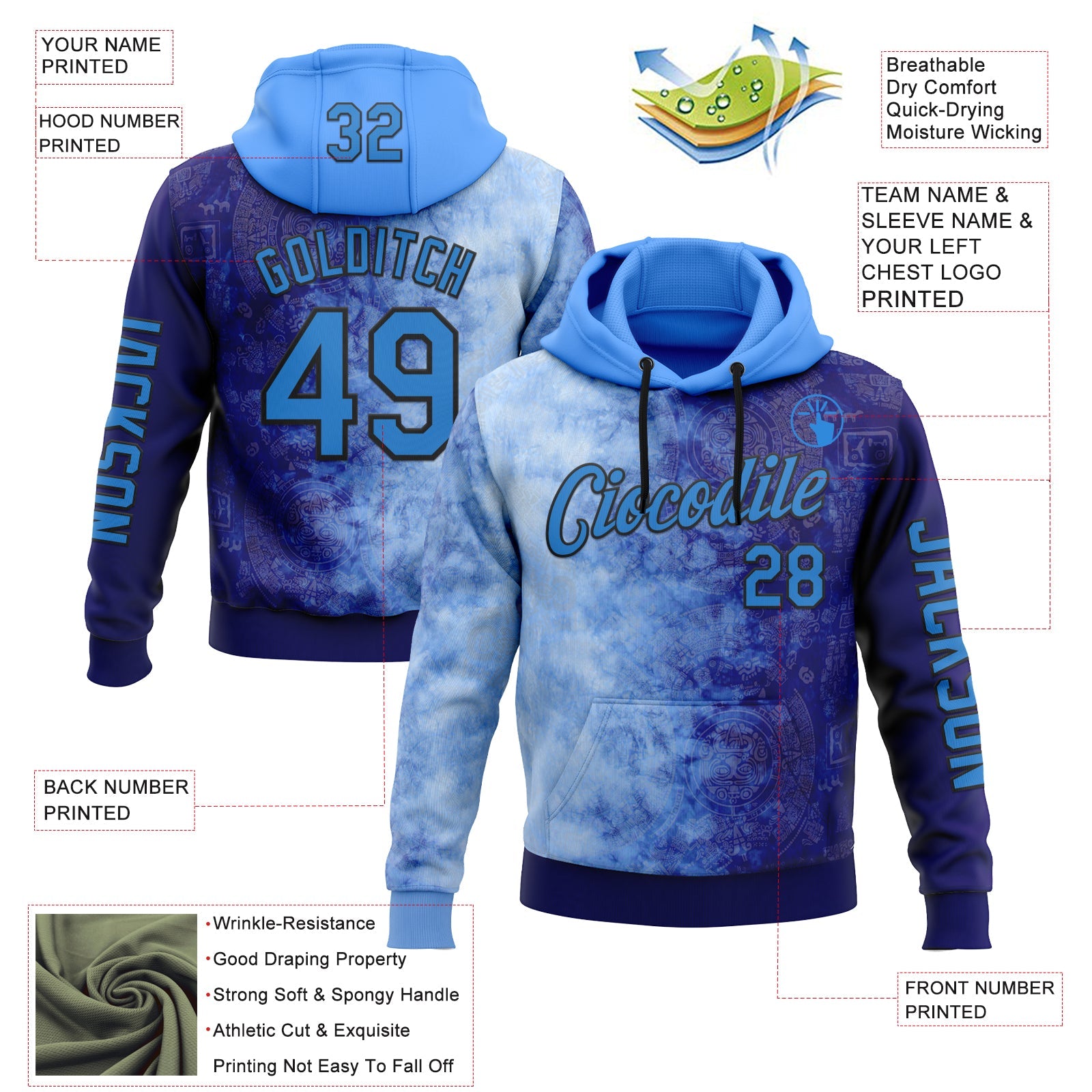 Custom Blue Powder Blue-Black 3D Pattern Design Gradient Ethnic Tribal Sportswear Pullover Sweatshirt Hoodie view 2