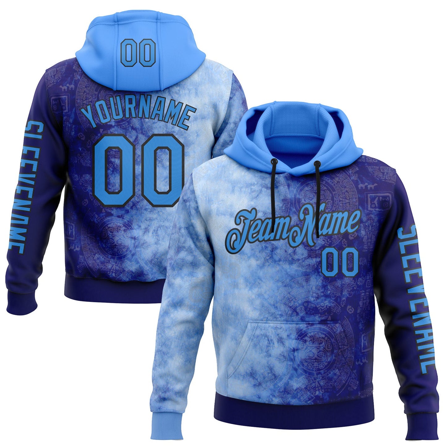 Custom Blue Powder Blue-Black 3D Pattern Design Gradient Ethnic Tribal Sportswear Pullover Sweatshirt Hoodie - Main View