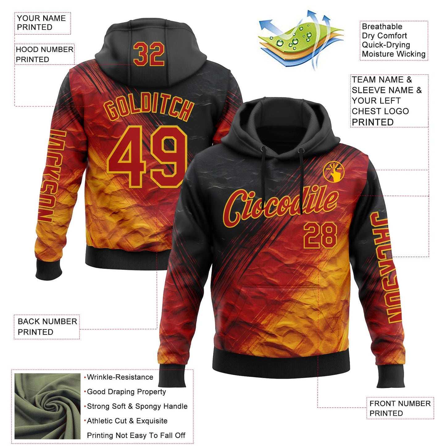 Custom Black Red-Yellow 3D Pattern Design Gradient Ethnic Tribal Sportswear Pullover Sweatshirt Hoodie view 2