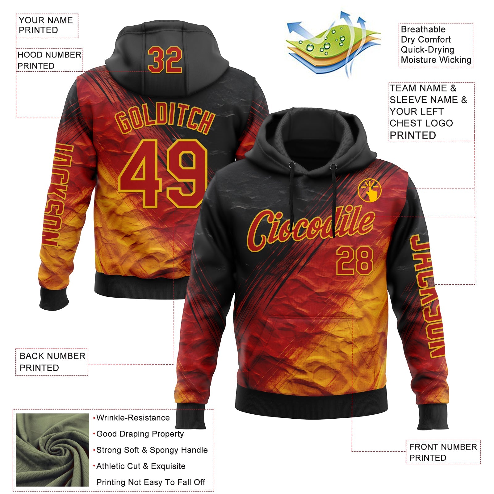 Custom Black Red-Yellow 3D Pattern Design Gradient Ethnic Tribal Sportswear Pullover Sweatshirt Hoodie view 2