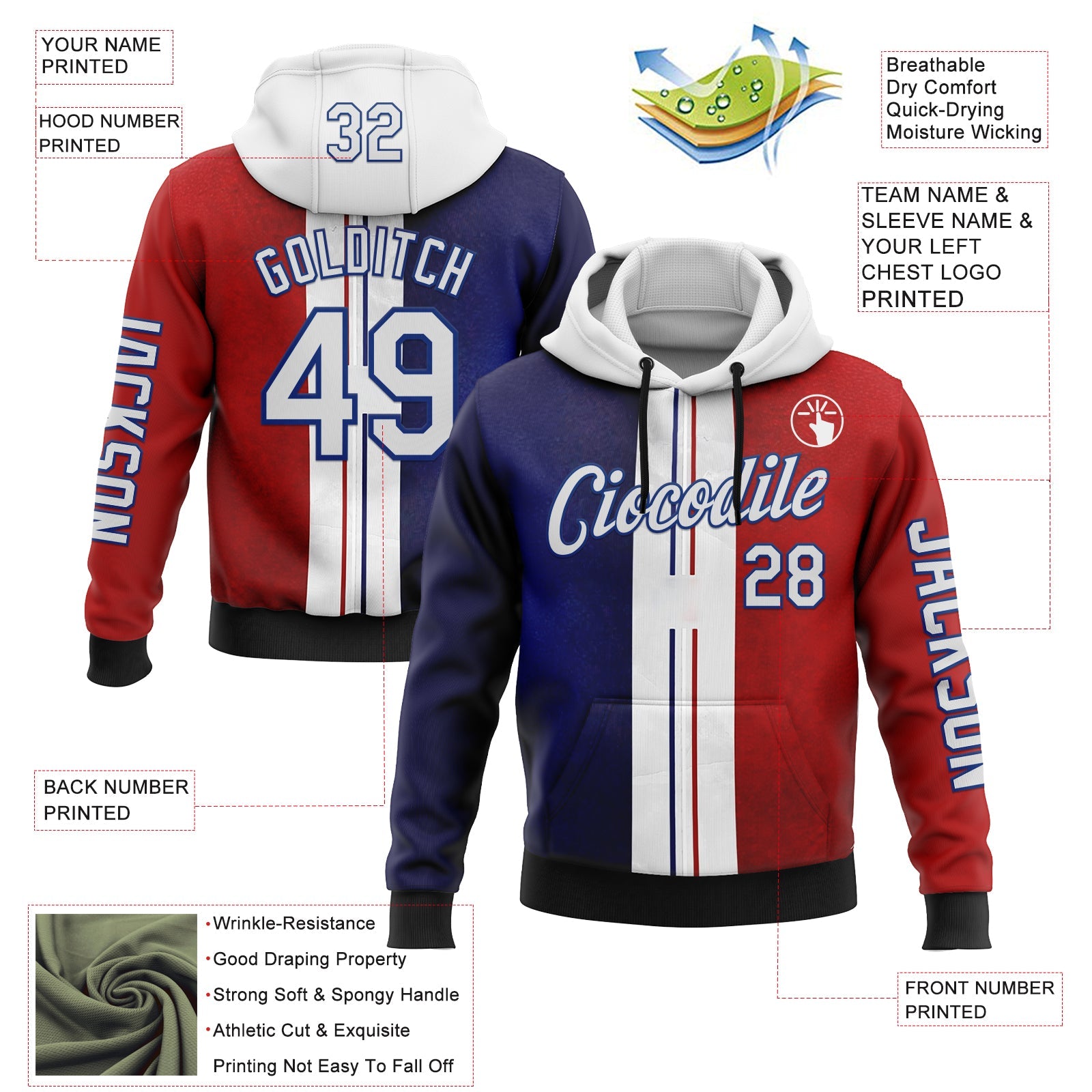 Custom Red White Blue-Royal 3D Pattern Design France Inspired Sports Pullover Sweatshirt Hoodie view 2