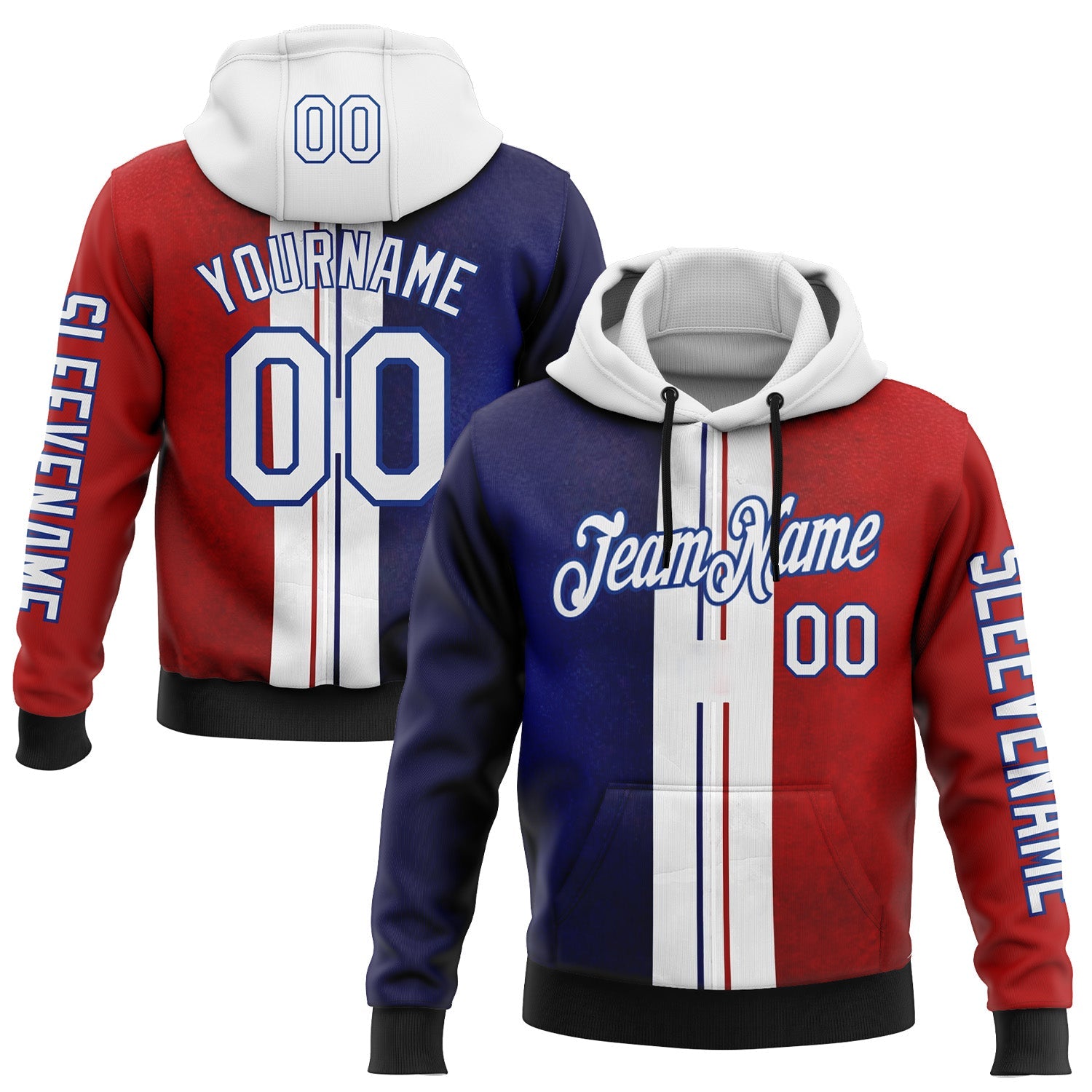 Custom Red White Blue-Royal 3D Pattern Design France Inspired Sports Pullover Sweatshirt Hoodie - Main View