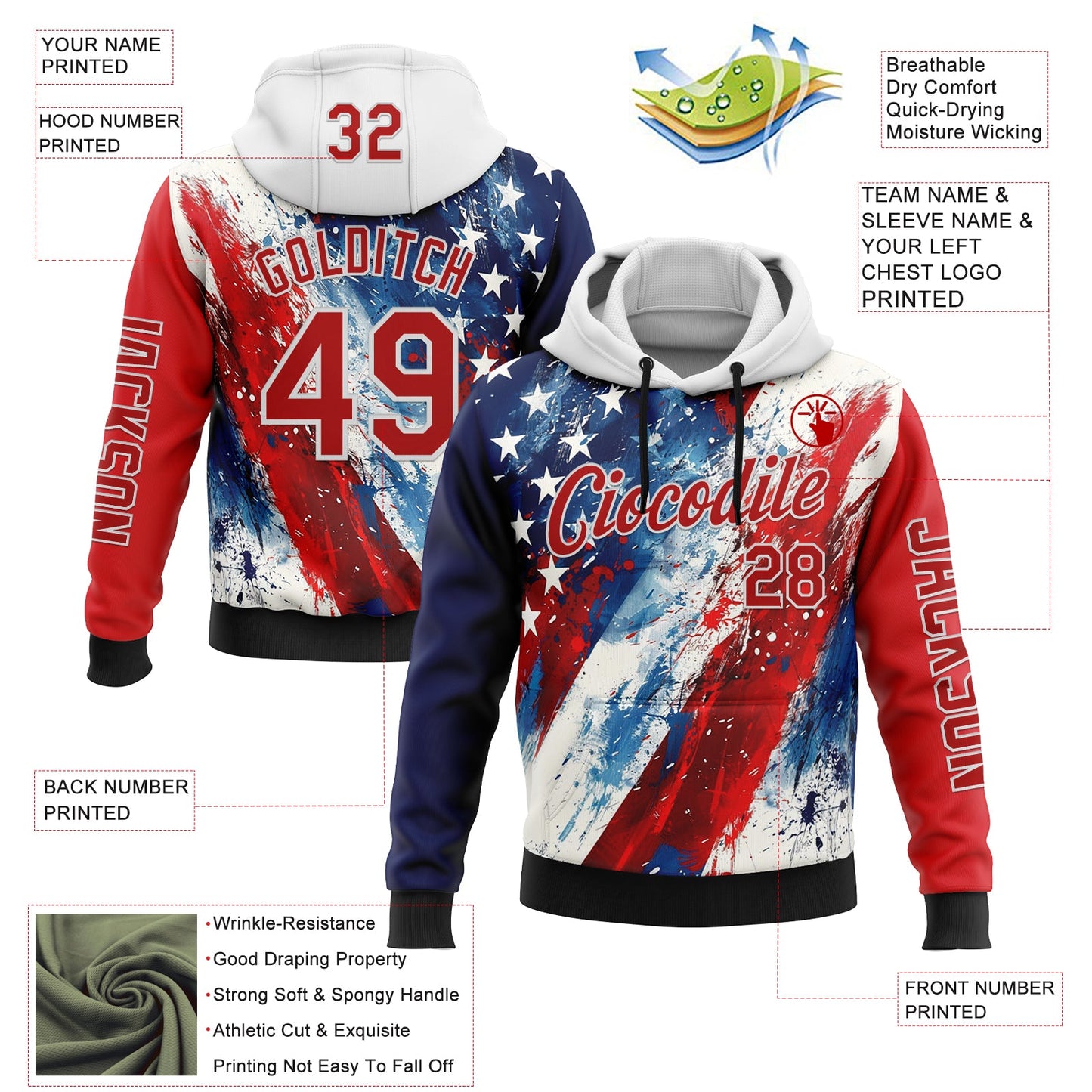 Custom Red Blue Black-White 3D American Flag Sports Pullover Sweatshirt Hoodie view 2