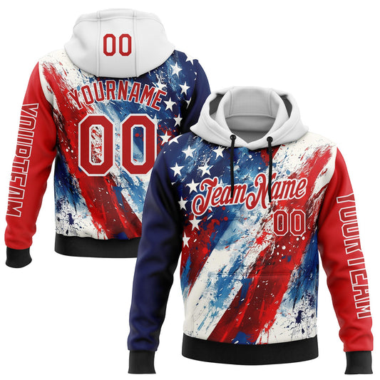Custom Red Blue Black-White 3D American Flag Sports Pullover Sweatshirt Hoodie - Main View