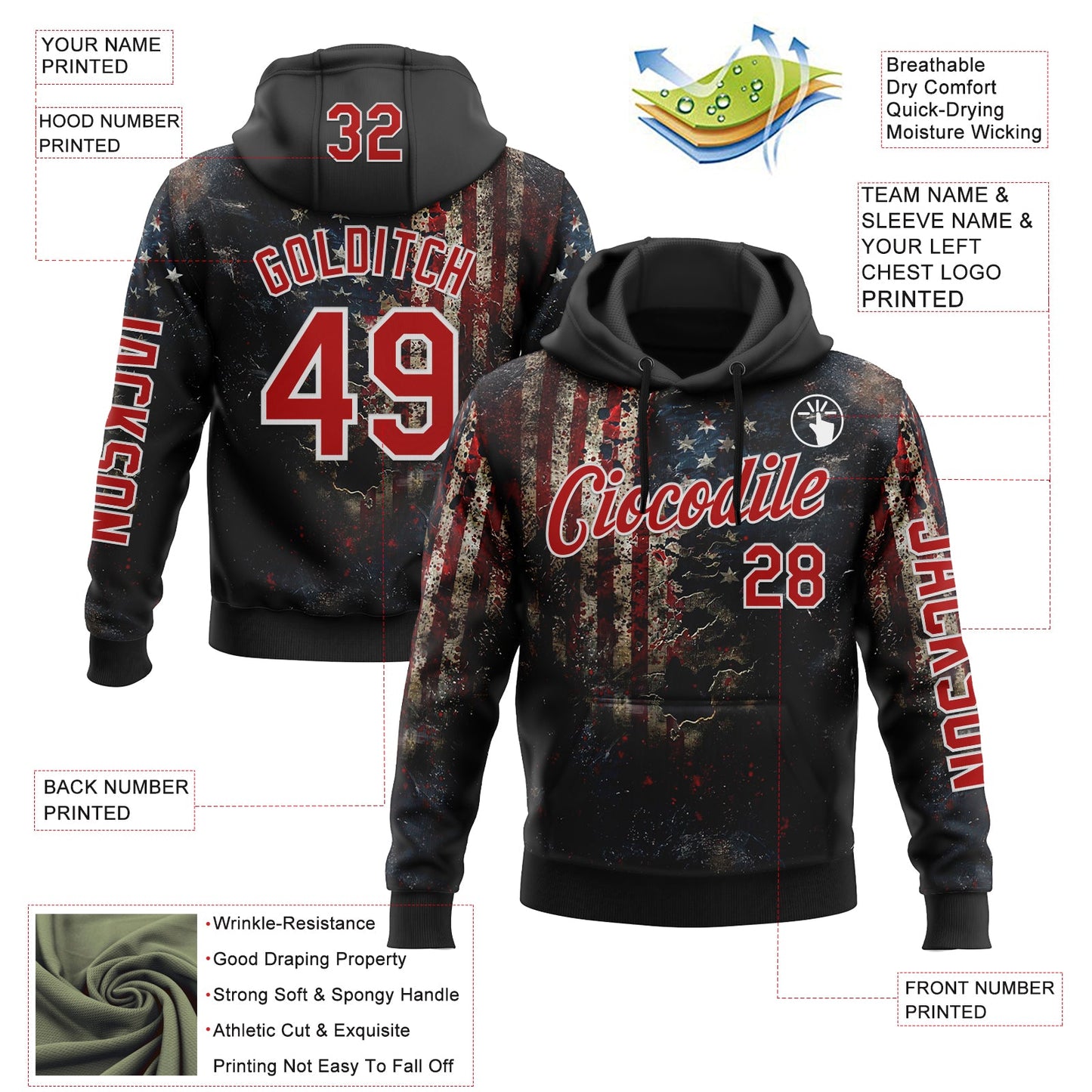 Custom Black Red-White 3D American Flag Sports Pullover Sweatshirt Hoodie view 2