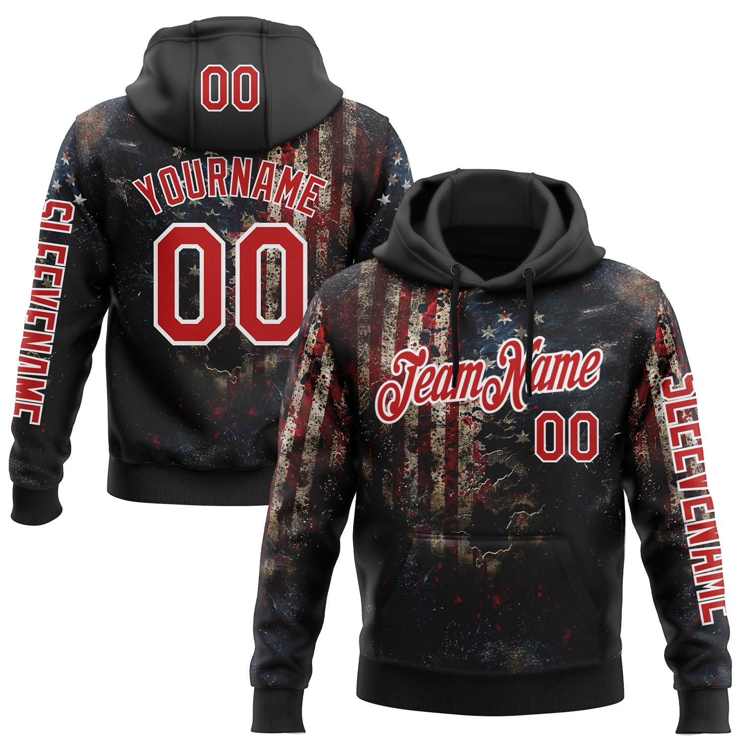 Custom Black Red-White 3D American Flag Sports Pullover Sweatshirt Hoodie - Main View