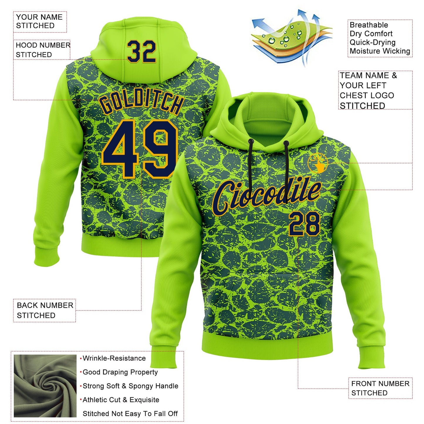 Custom Stitched Neon Green Navy-Gold 3D Pattern Design Crocodile Skin Print Sportswear Pullover Sweatshirt Hoodie view 2