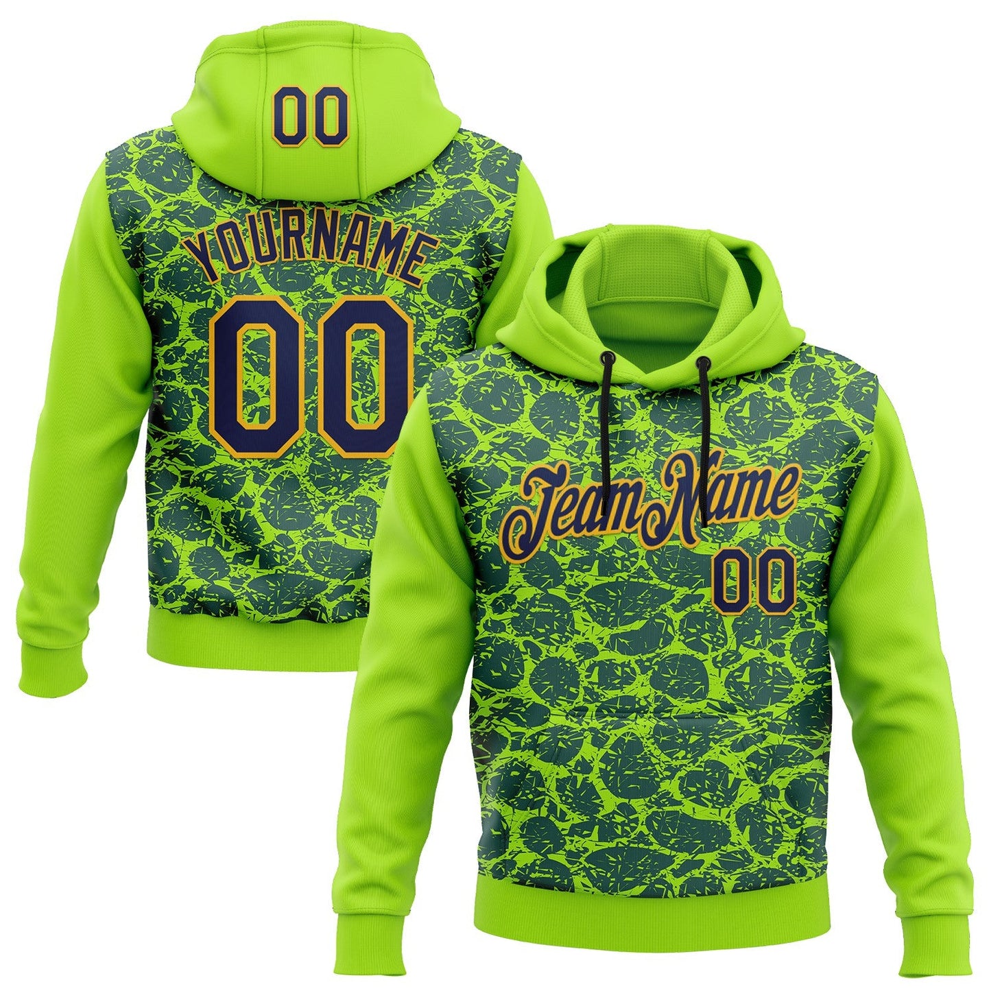 Custom Stitched Neon Green Navy-Gold 3D Pattern Design Crocodile Skin Print Sportswear Pullover Sweatshirt Hoodie - Main View