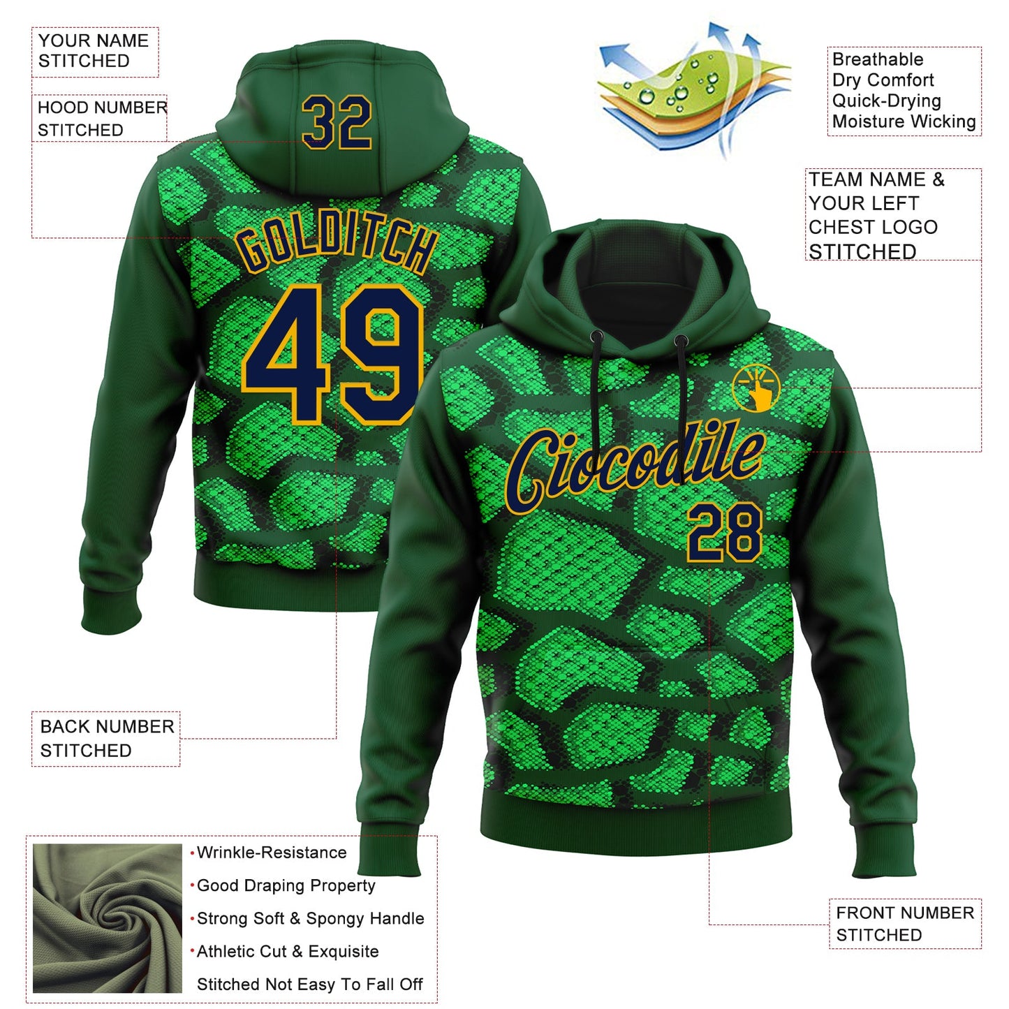 Custom Stitched Green Navy-Gold 3D Pattern Design Crocodile Skin Print Sportswear Pullover Sweatshirt Hoodie view 2