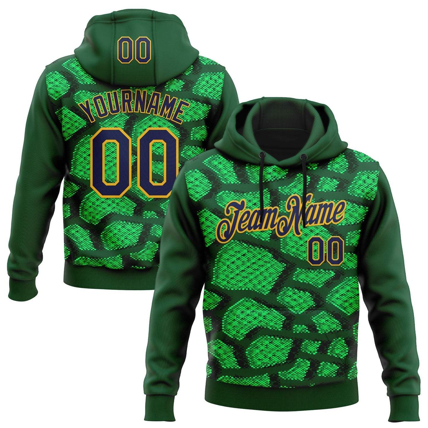 Custom Stitched Green Navy-Gold 3D Pattern Design Crocodile Skin Print Sportswear Pullover Sweatshirt Hoodie - Main View