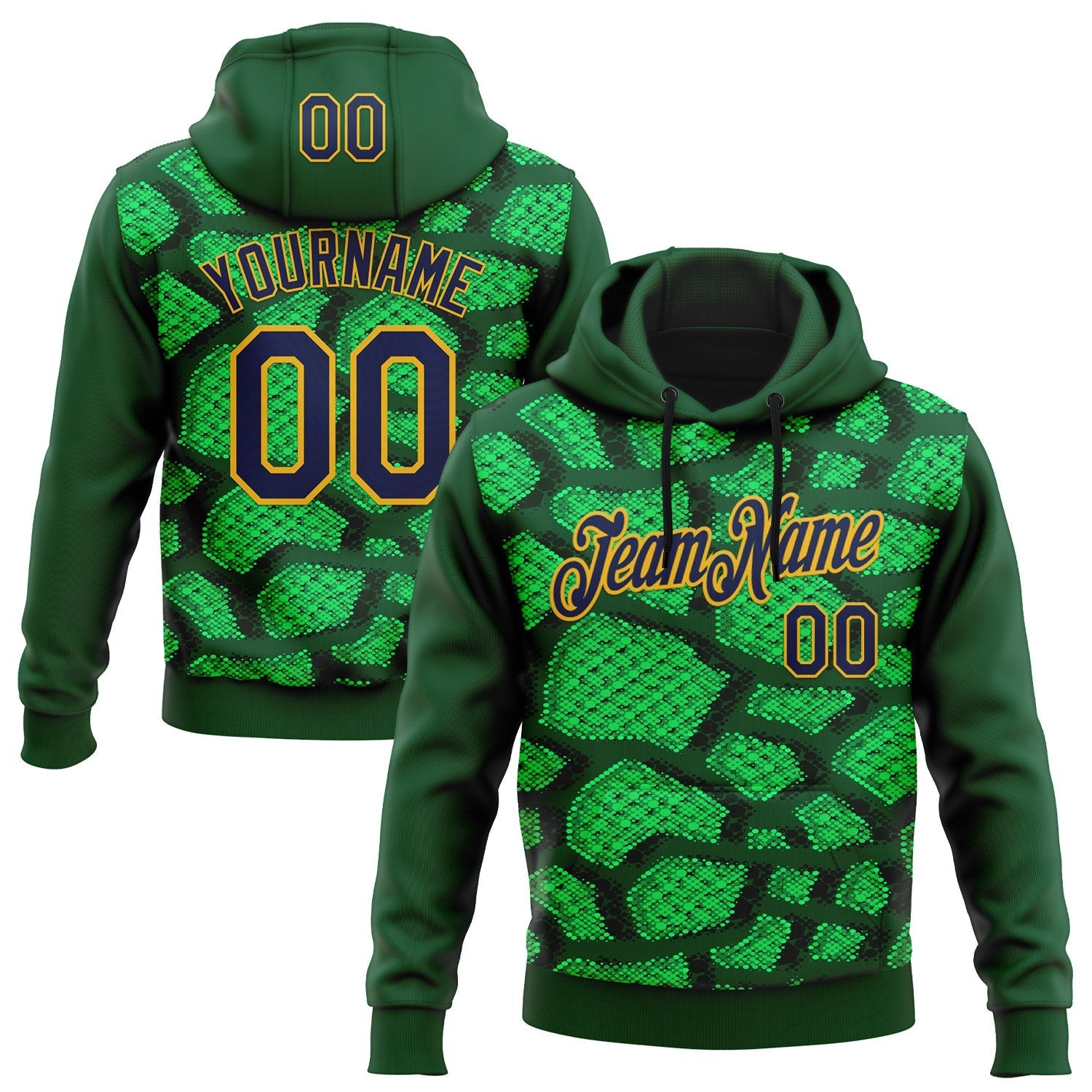 Custom Stitched Green Navy-Gold 3D Pattern Design Crocodile Skin Print Sportswear Pullover Sweatshirt Hoodie - Main View