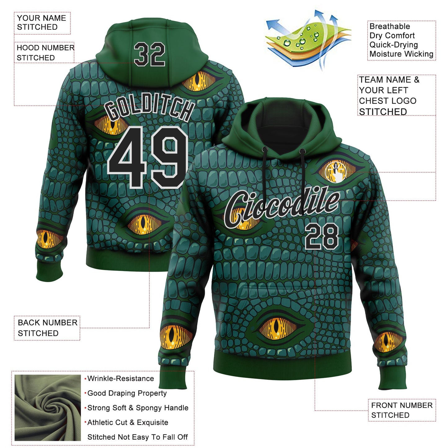Custom Stitched Green Black-White 3D Pattern Design Crocodile Skin Print Sportswear Pullover Sweatshirt Hoodie view 2