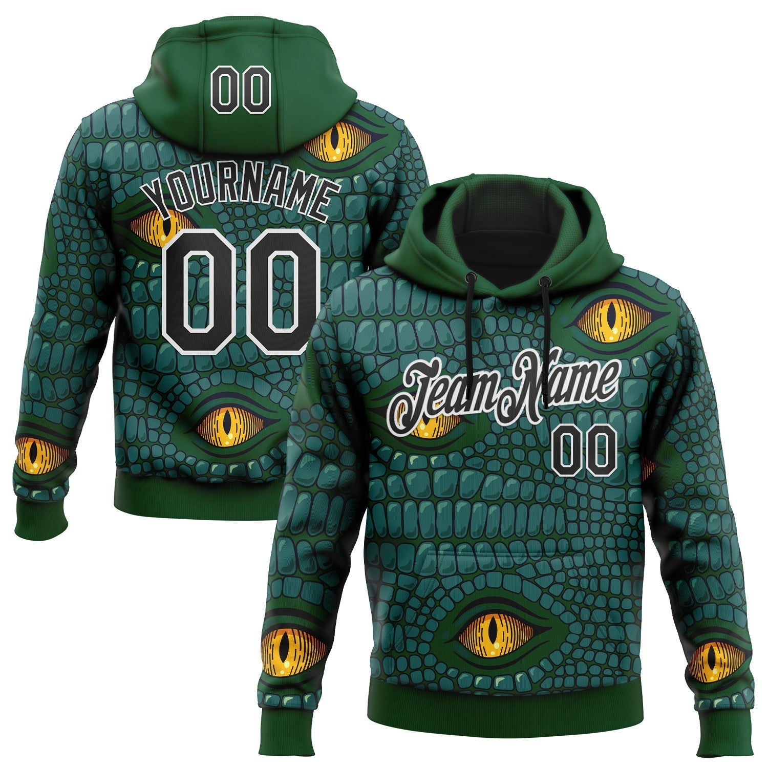 Custom Stitched Green Black-White 3D Pattern Design Crocodile Skin Print Sportswear Pullover Sweatshirt Hoodie - Main View