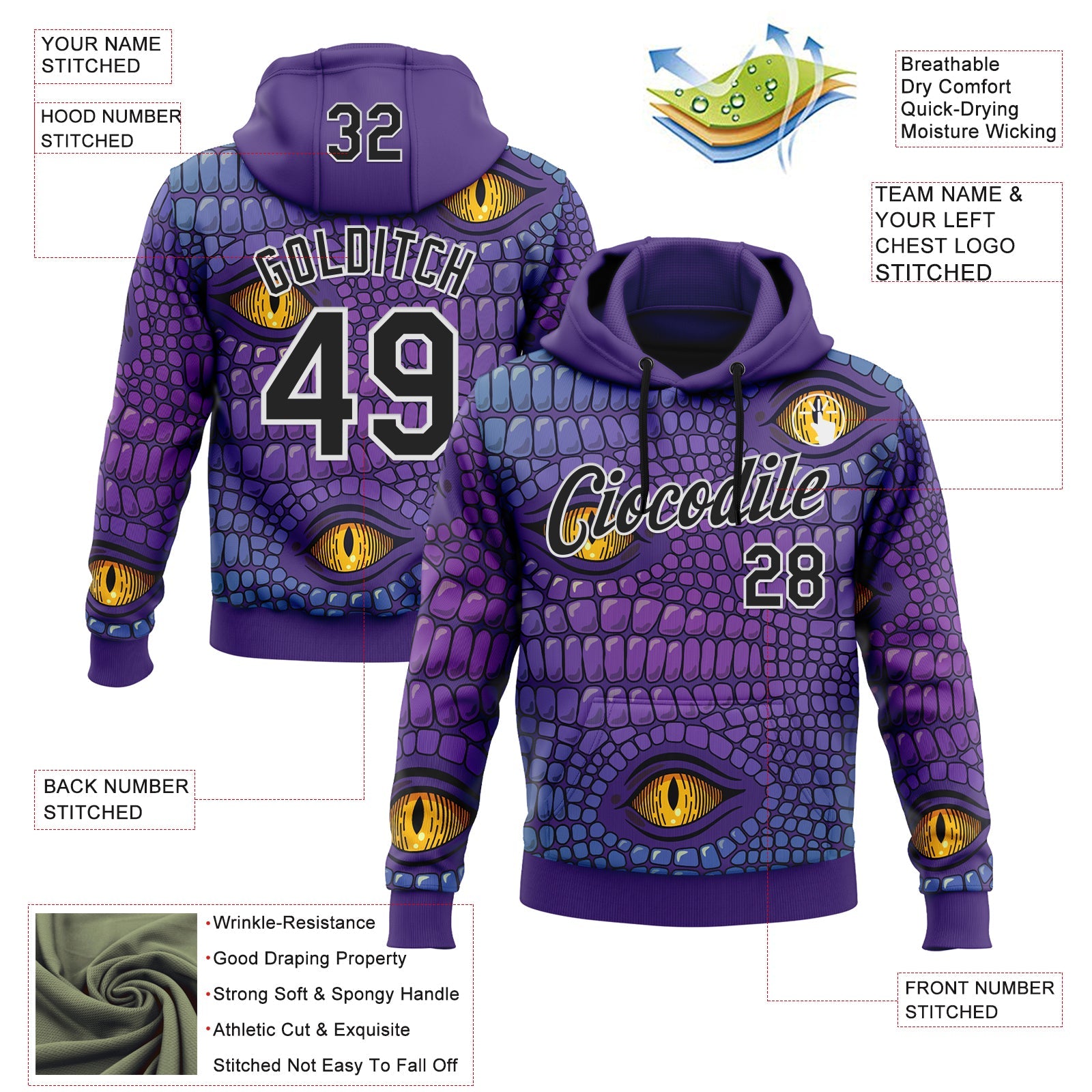 Custom Stitched Purple Black-White 3D Pattern Design Crocodile Skin Print Sportswear Pullover Sweatshirt Hoodie view 2