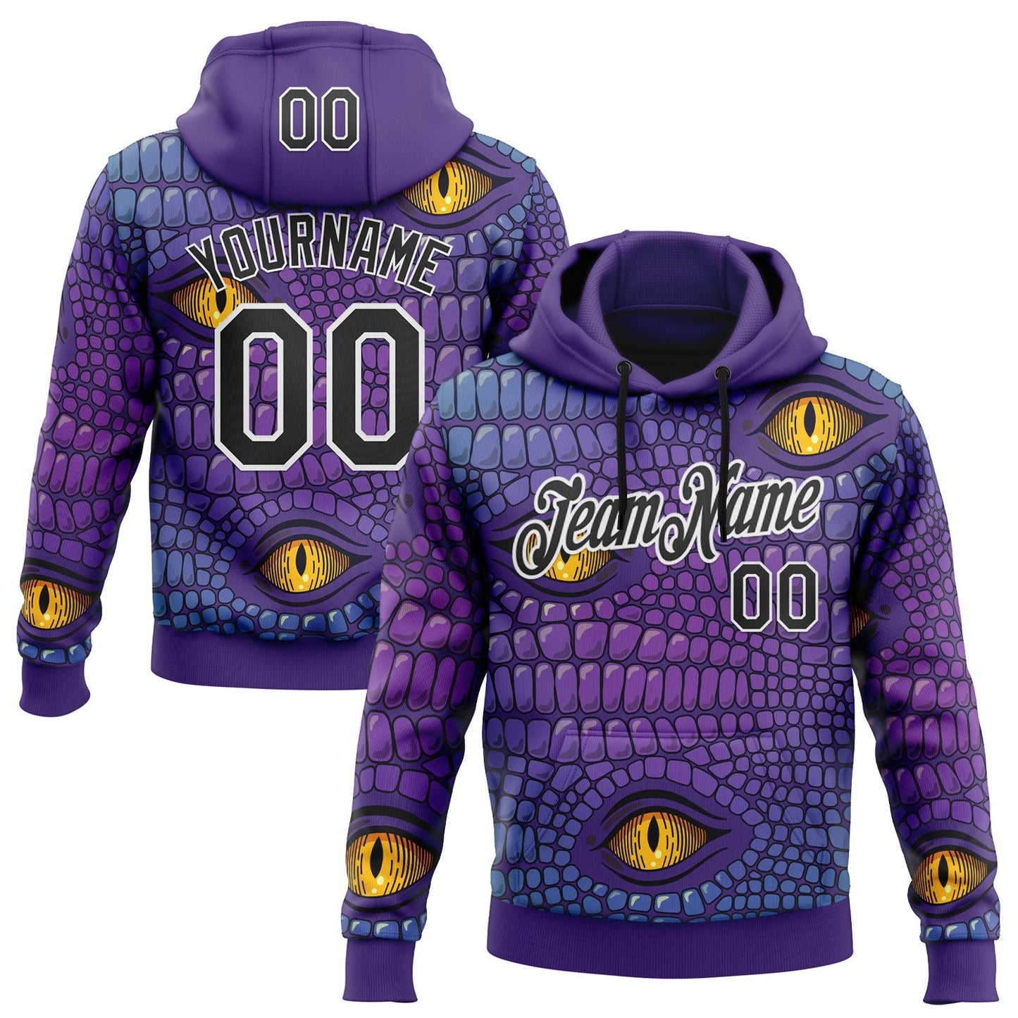 Custom Stitched Purple Black-White 3D Pattern Design Crocodile Skin Print Sportswear Pullover Sweatshirt Hoodie - Main View