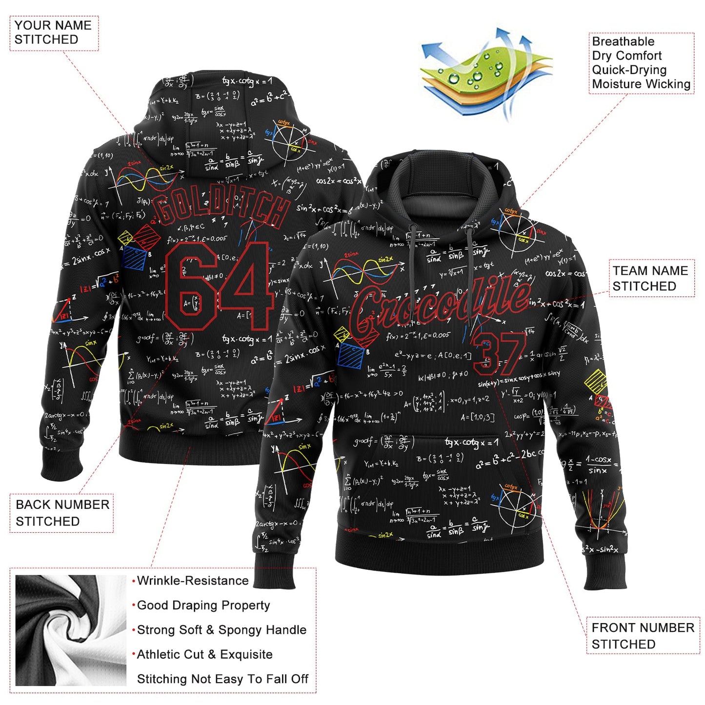 Custom Stitched Black Black Red-White 3D Pattern Design Math Sports Pullover Sweatshirt Hoodie view 2