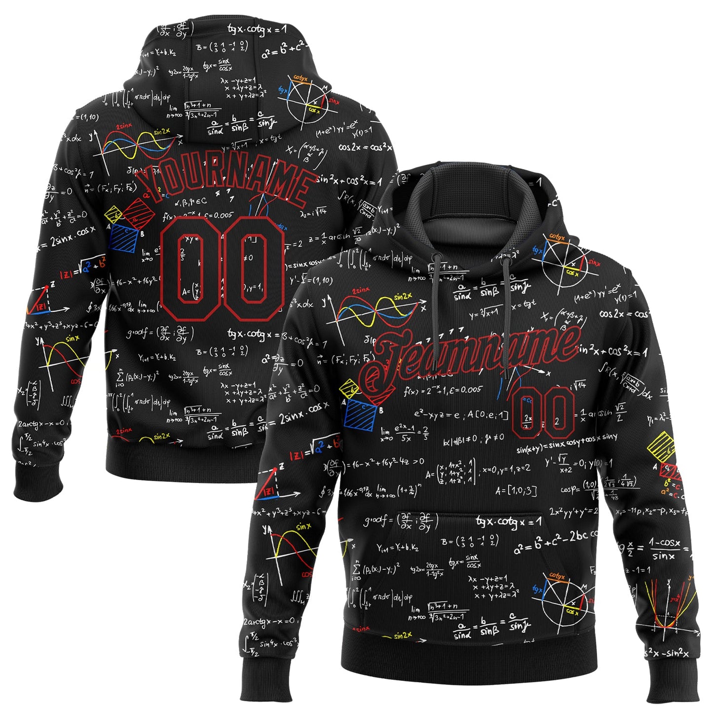 Custom Stitched Black Black Red-White 3D Pattern Design Math Sports Pullover Sweatshirt Hoodie - Main View