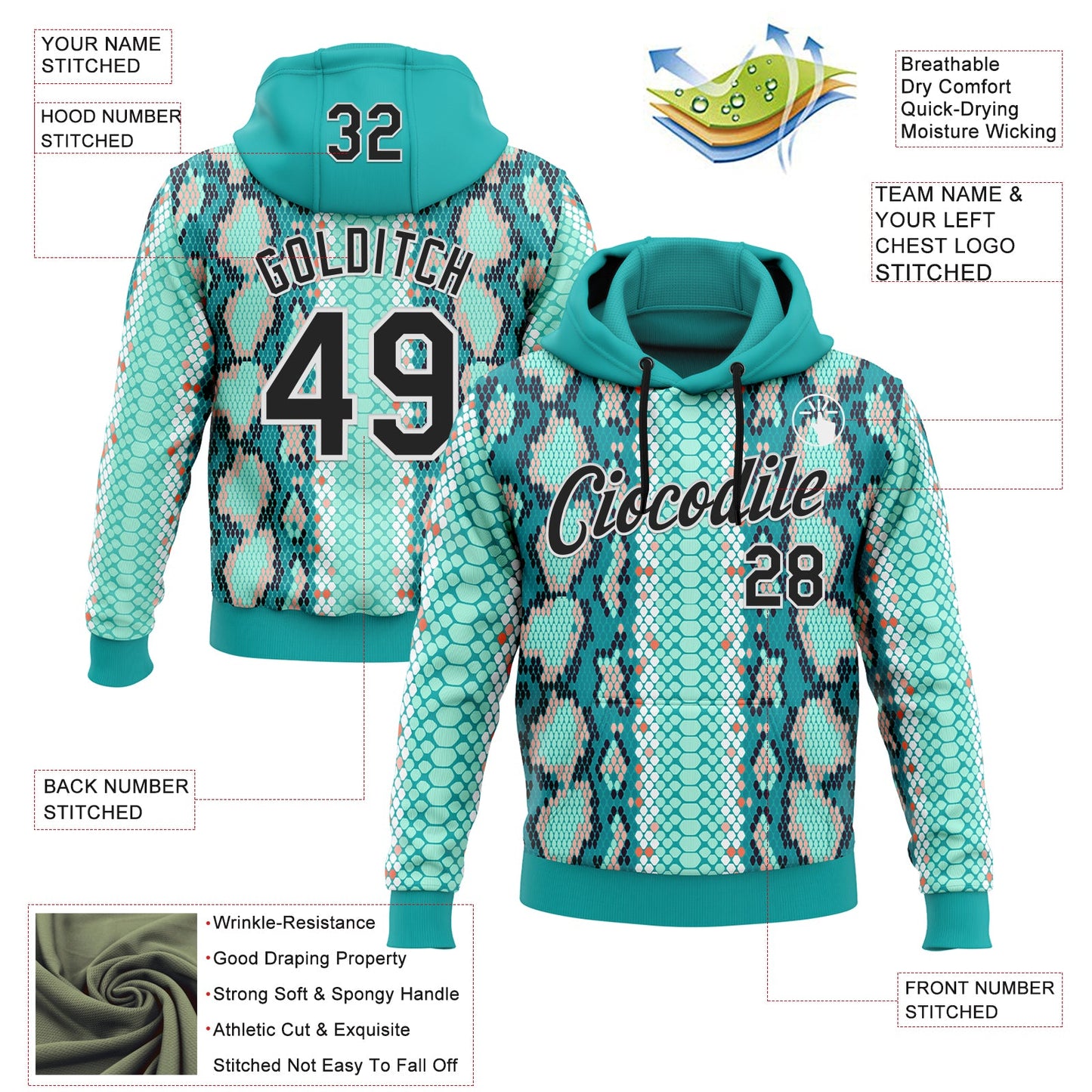 Custom Stitched Aqua Black-White 3D Pattern Design Snake Skin Print Sportswear Pullover Sweatshirt Hoodie view 2