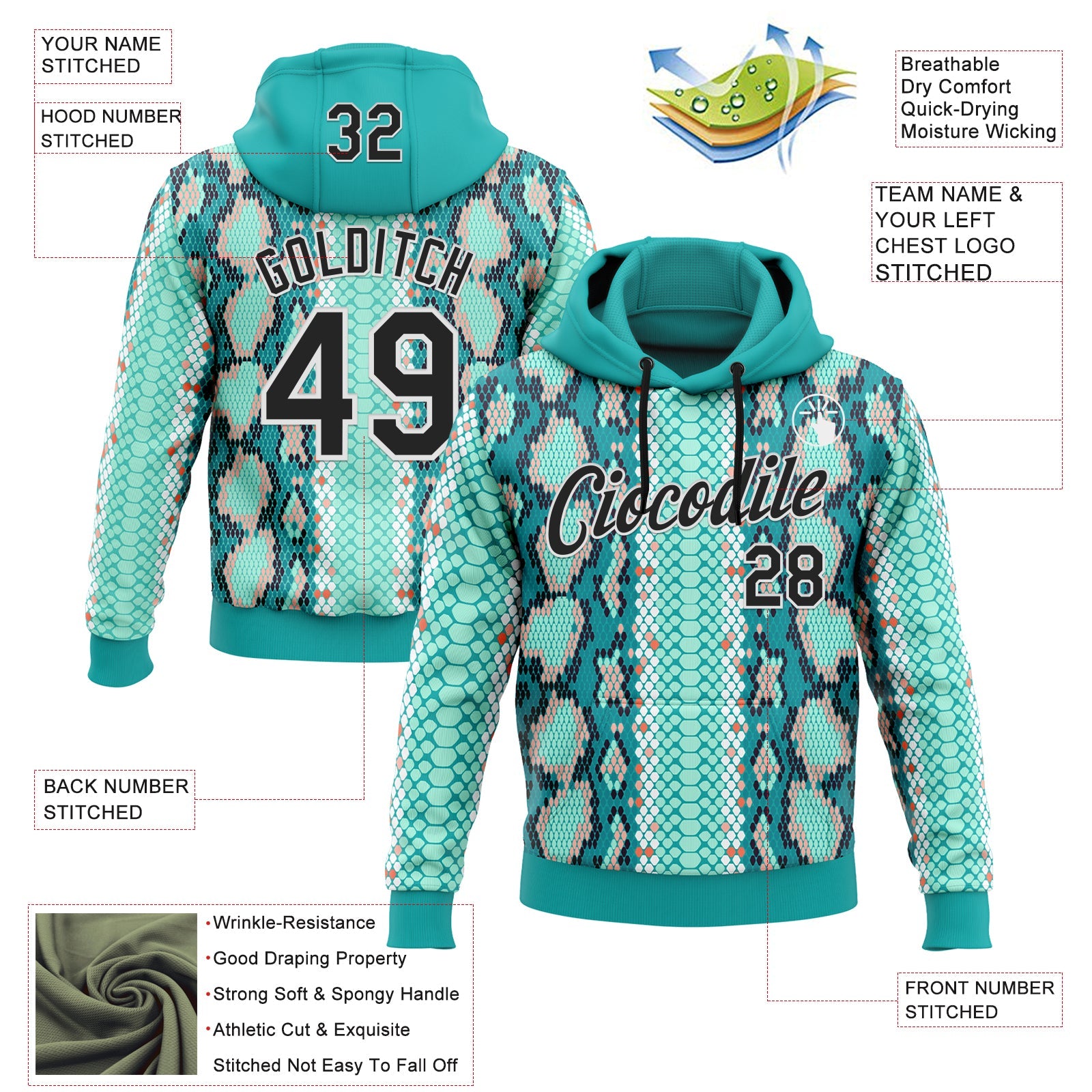 Custom Stitched Aqua Black-White 3D Pattern Design Snake Skin Print Sportswear Pullover Sweatshirt Hoodie view 2