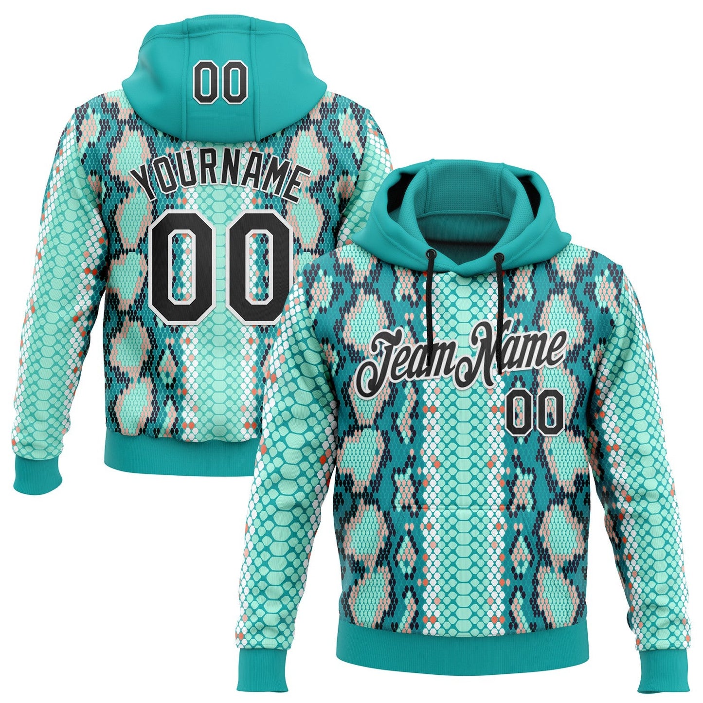 Custom Stitched Aqua Black-White 3D Pattern Design Snake Skin Print Sportswear Pullover Sweatshirt Hoodie - Main View