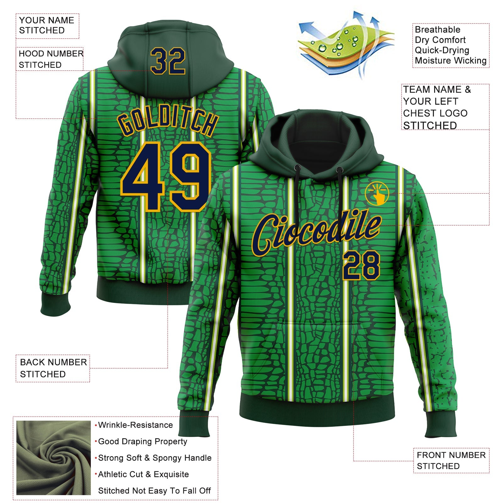 Custom Stitched Green Navy-Gold 3D Pattern Design Crocodile Skin Print Sportswear Pullover Sweatshirt Hoodie view 2