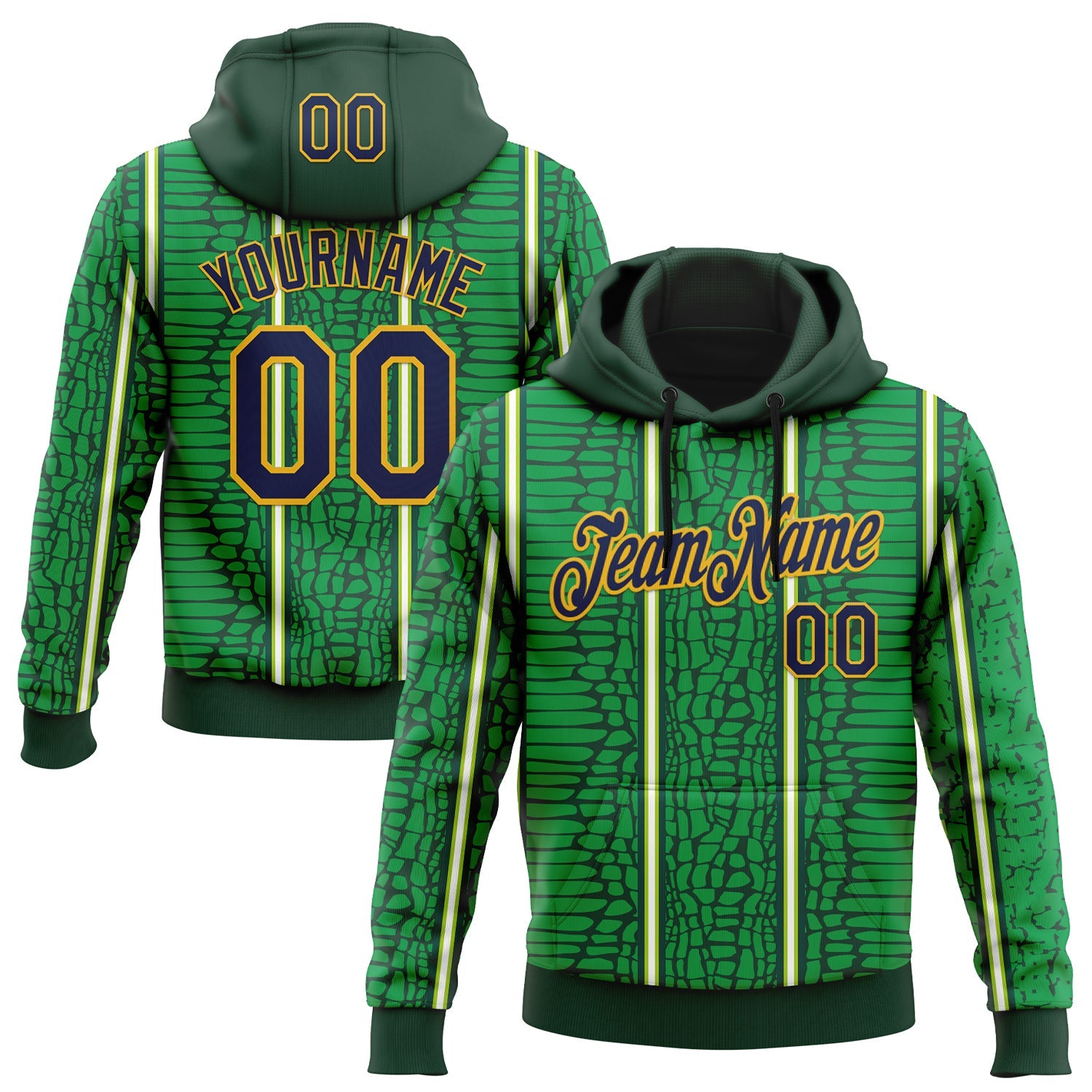 Custom Stitched Green Navy-Gold 3D Pattern Design Crocodile Skin Print Sportswear Pullover Sweatshirt Hoodie - Main View
