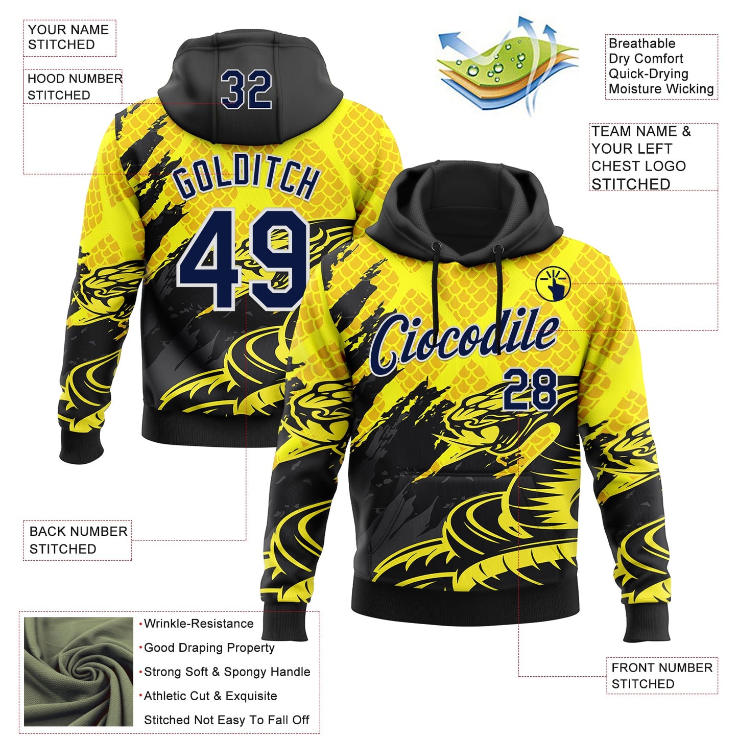 Custom Stitched Yellow Navy Black-White 3D Pattern Design Snake Skin Print Sportswear Pullover Sweatshirt Hoodie view 2