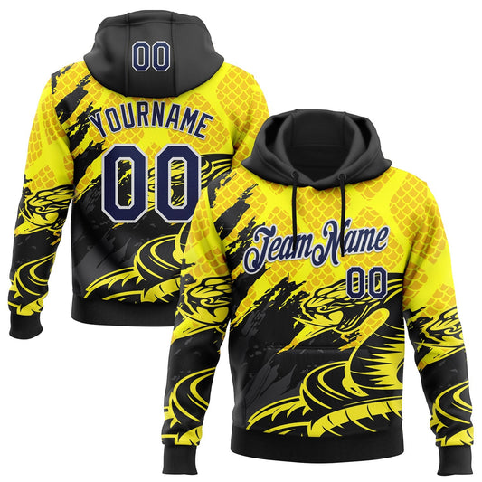 Custom Stitched Yellow Navy Black-White 3D Pattern Design Snake Skin Print Sportswear Pullover Sweatshirt Hoodie - Main View