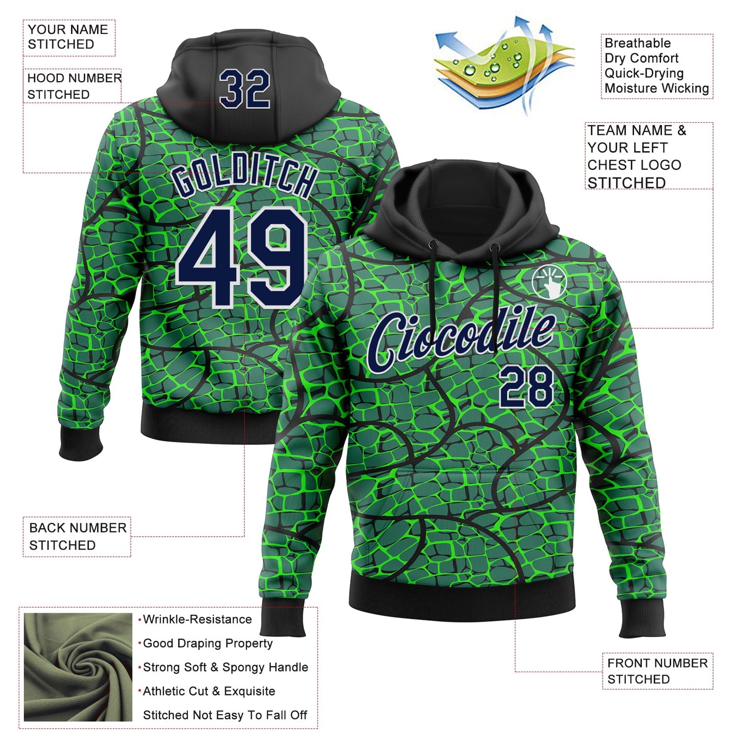 Custom Stitched Green Navy Black-White 3D Pattern Design Crocodile Skin Print Sportswear Pullover Sweatshirt Hoodie view 2