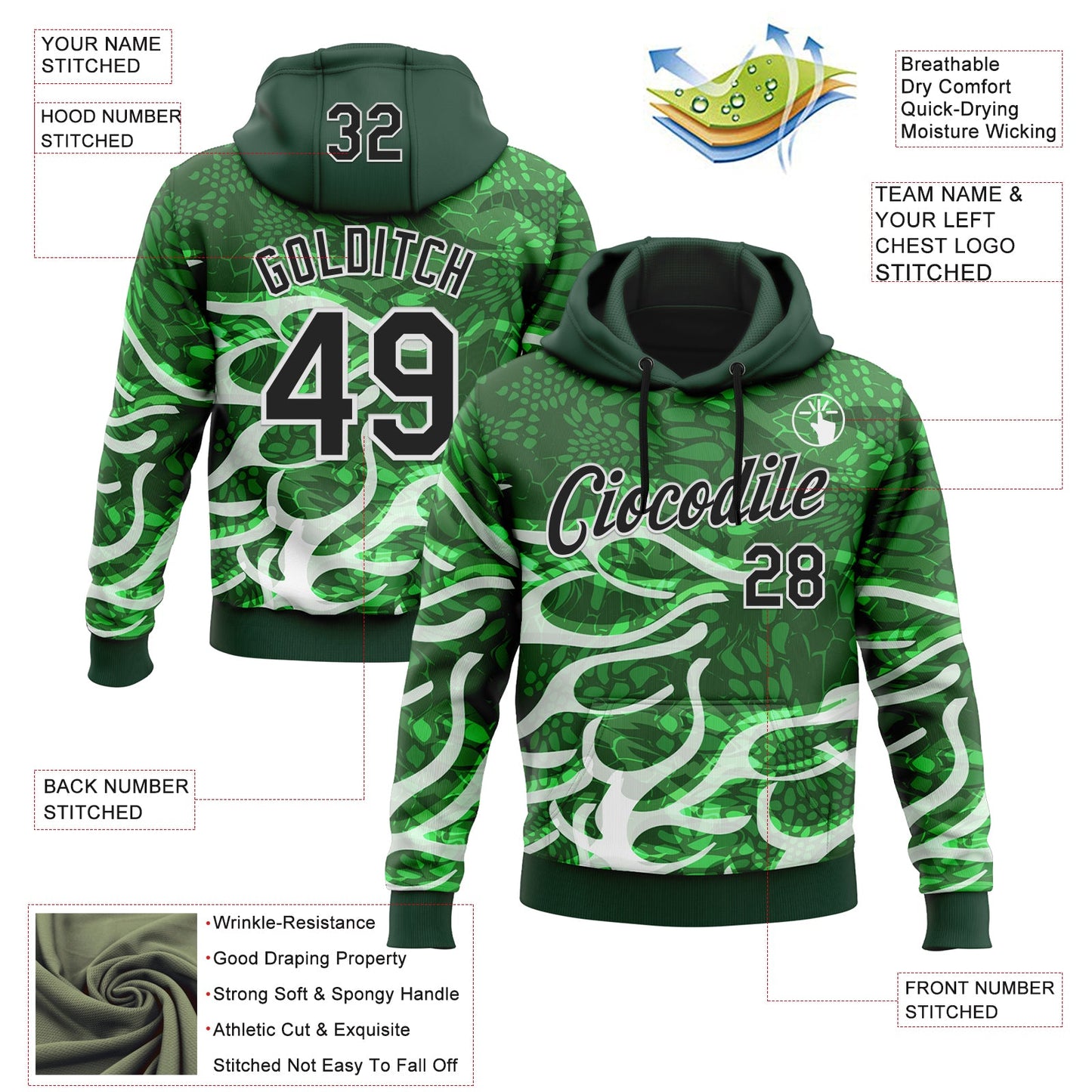 Custom Stitched Green Black-White 3D Pattern Design Snake Skin Print Sportswear Pullover Sweatshirt Hoodie view 2
