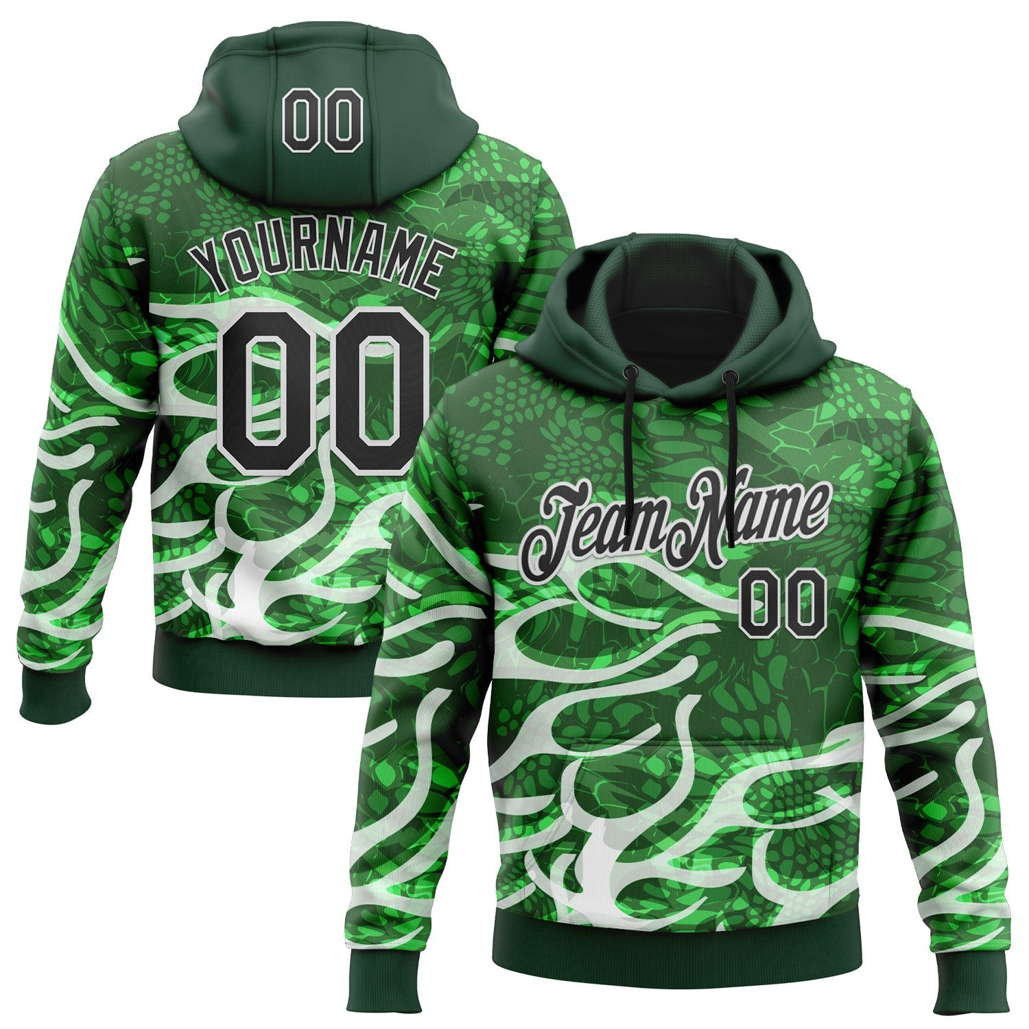 Custom Stitched Green Black-White 3D Pattern Design Snake Skin Print Sportswear Pullover Sweatshirt Hoodie - Main View