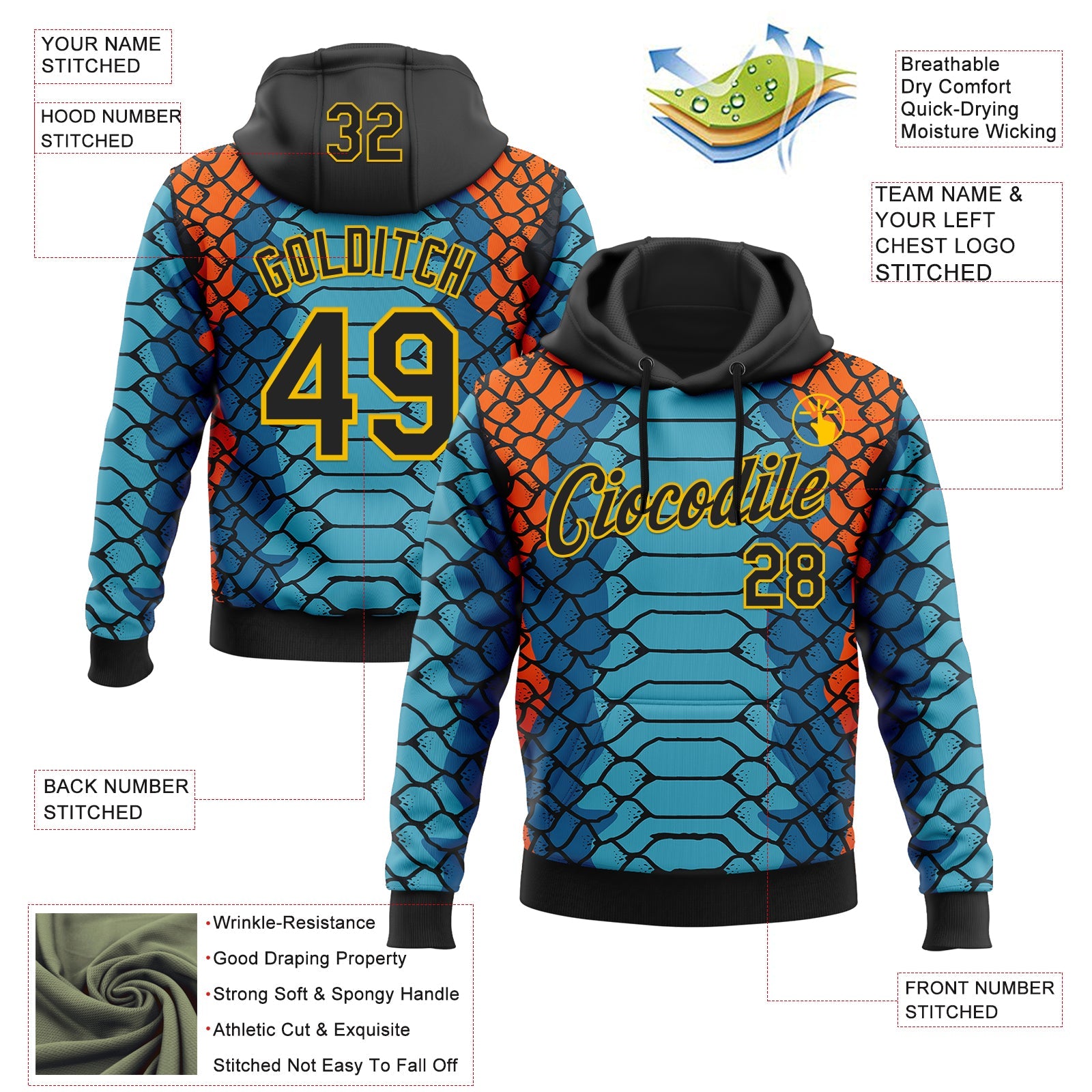 Custom Stitched Blue Black Orange-Yellow 3D Pattern Design Snake Skin Print Sportswear Pullover Sweatshirt Hoodie view 2