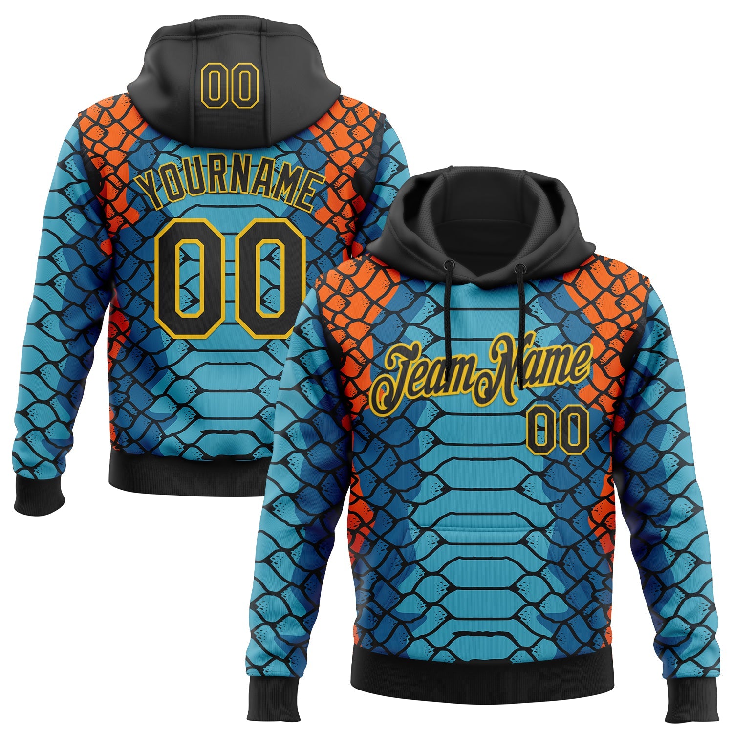 Custom Stitched Blue Black Orange-Yellow 3D Pattern Design Snake Skin Print Sportswear Pullover Sweatshirt Hoodie - Main View
