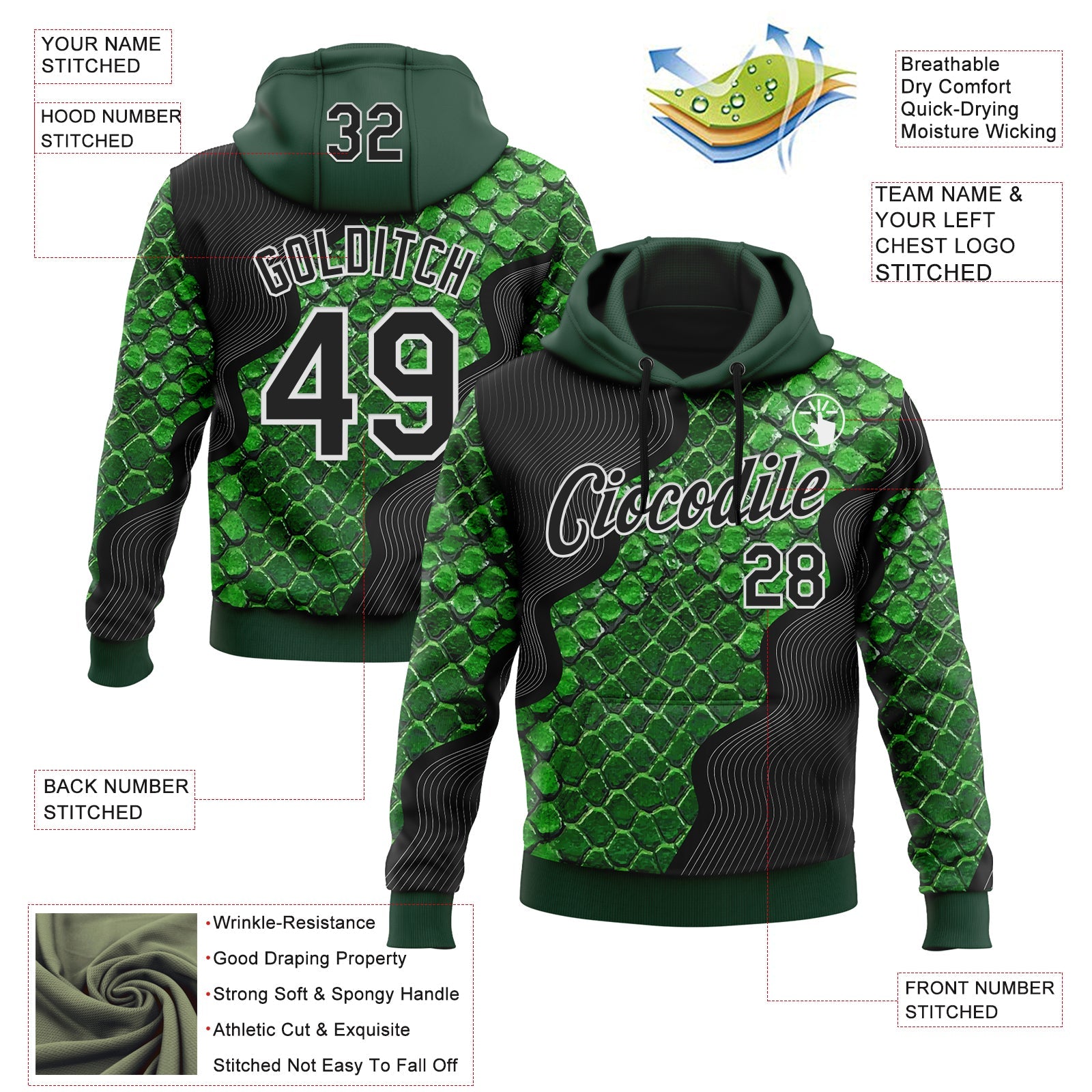 Custom Stitched Green Black-White 3D Pattern Design Snake Skin Print Sportswear Pullover Sweatshirt Hoodie view 2